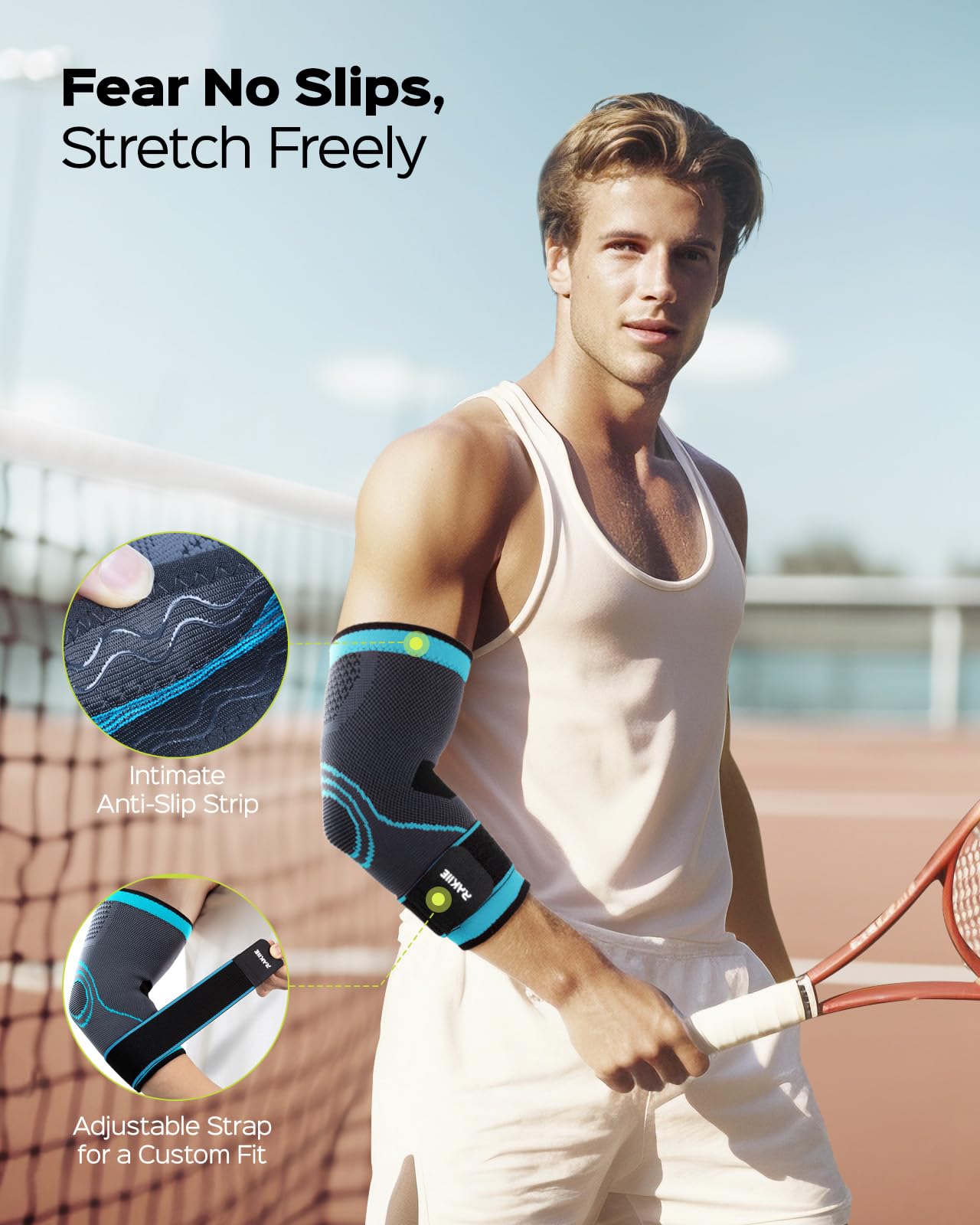 Rakiie Elbow Compression Sleeve 2 Pack, Elbow Brace for Tendonitis and Tennis Elbow, Pain Relief Elbow Brace for Men & Women, Elbow Sleeve Reduce Joint Pain for Tennis, Golfer, Workouts, Blue (M)
