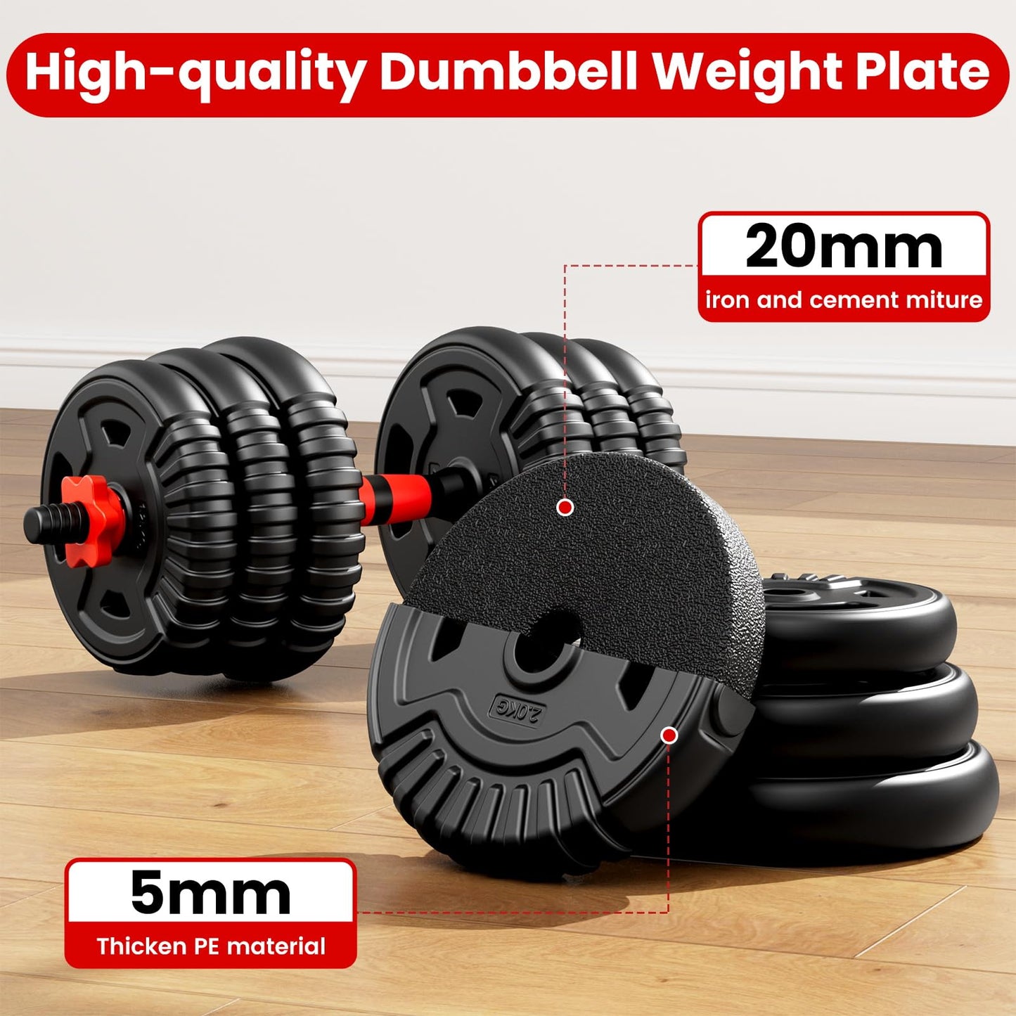 Adjustable Dumbbell Set, 45lbs Free Weight Set with Connector, 5-in-1 Dumbbell Set for Barbells, Kettlebells, Push up Stand, Weight Plate, Fitness Exercises for Home Gym Suitable Men/Women