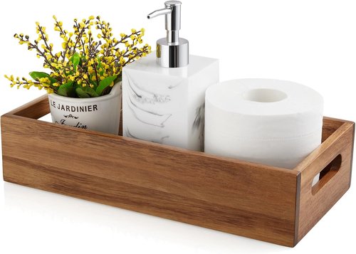 ALELION Acacia Wood Bathroom Storage Basket - Stylish Toilet Paper Organizer with Handle | Small Narrow Design for Versatile Use