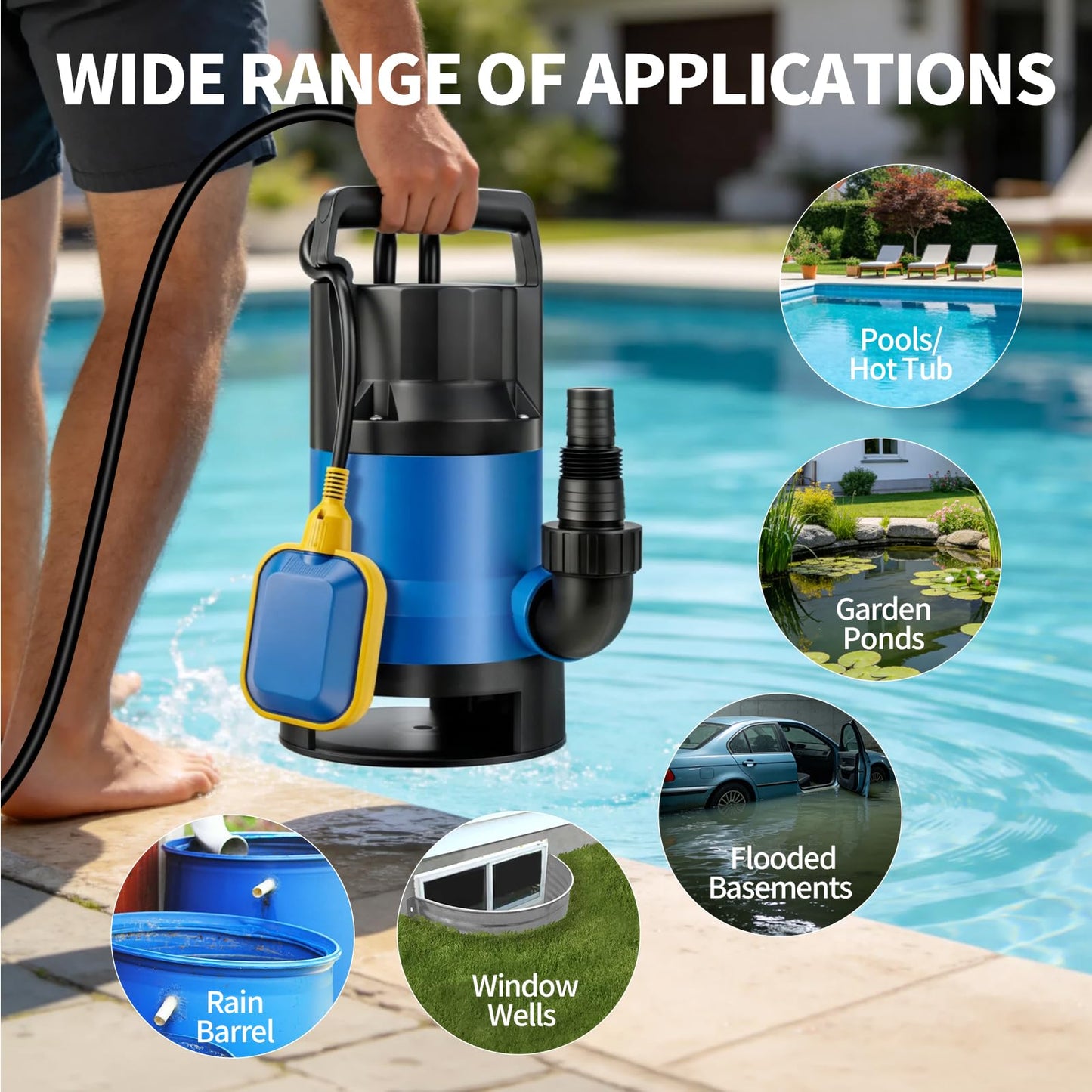 Poofata 1.1HP Submersible Sump Pump, 4600 GPH Electric Water Pump with Automatic Float Switch, Portable Utility Pump for Pool Draining, Basement, Outdoor Ponds, 16 FT Cord