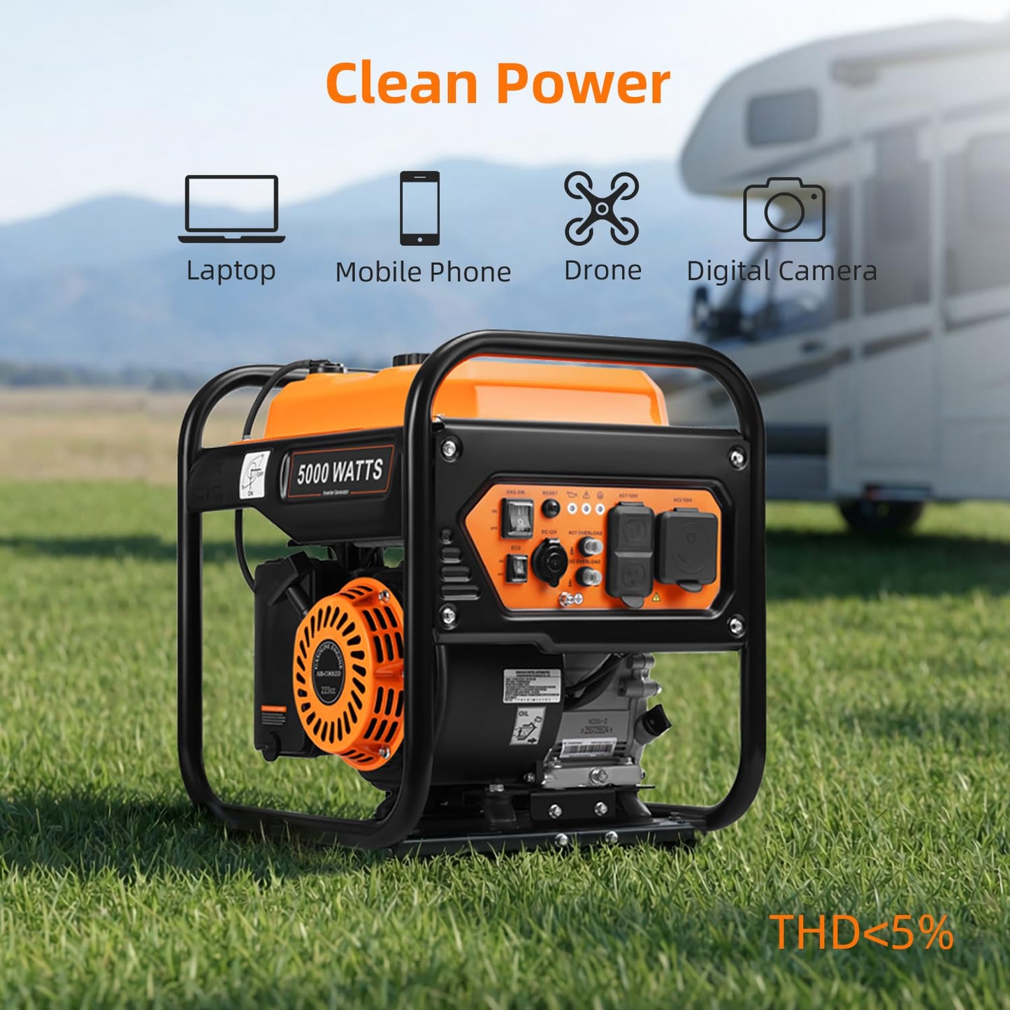 Oxseryn 5000-Watts Portable Inverter Generator, Gas Generator for Home Backup, 30A Outlet, RV Ready, ECO Mode, 60Lbs, EPA Compliment