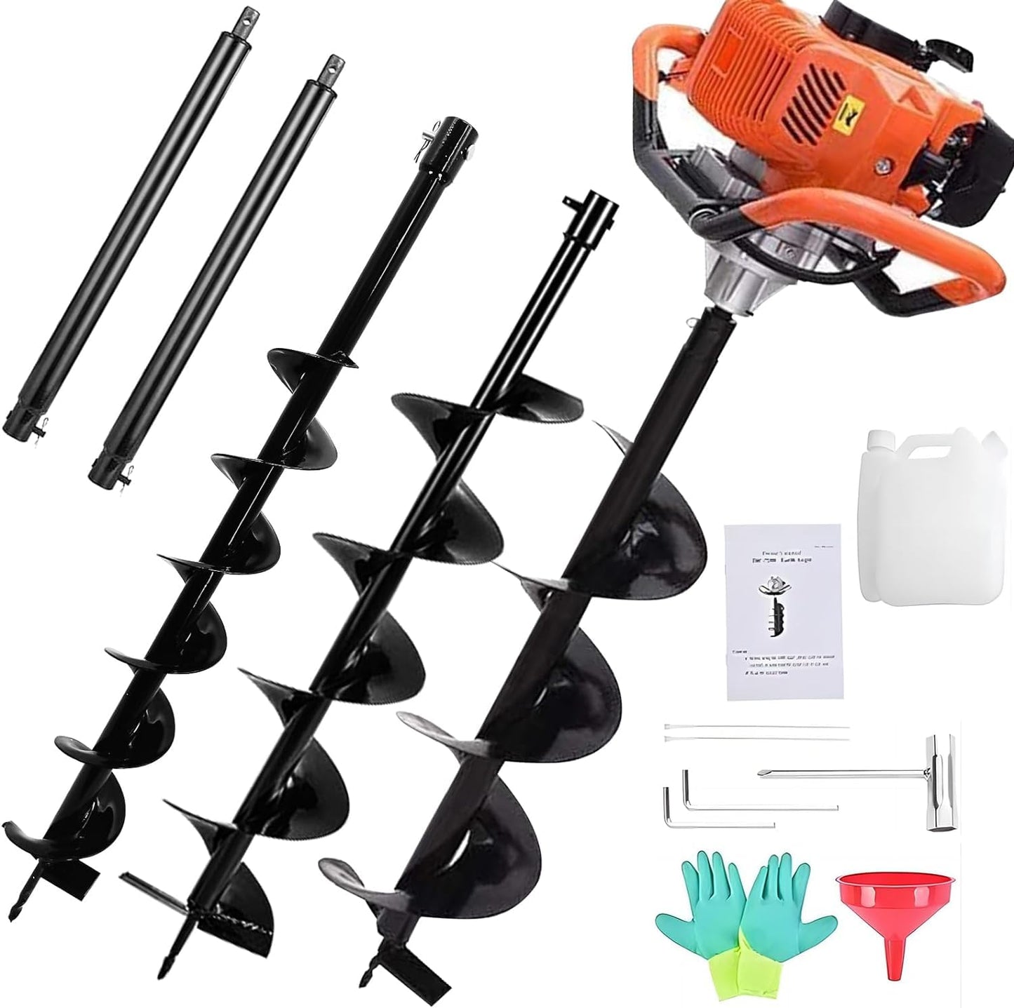 PRIJESSE 85cc Post Hole Digger 2-Stroke Petrol Gas Powered Earth Digger with 3 Auger Bits (4" 8" 12") + 2 Extension Bar (24" 24") for Farm Garden Plant Fence and Planting