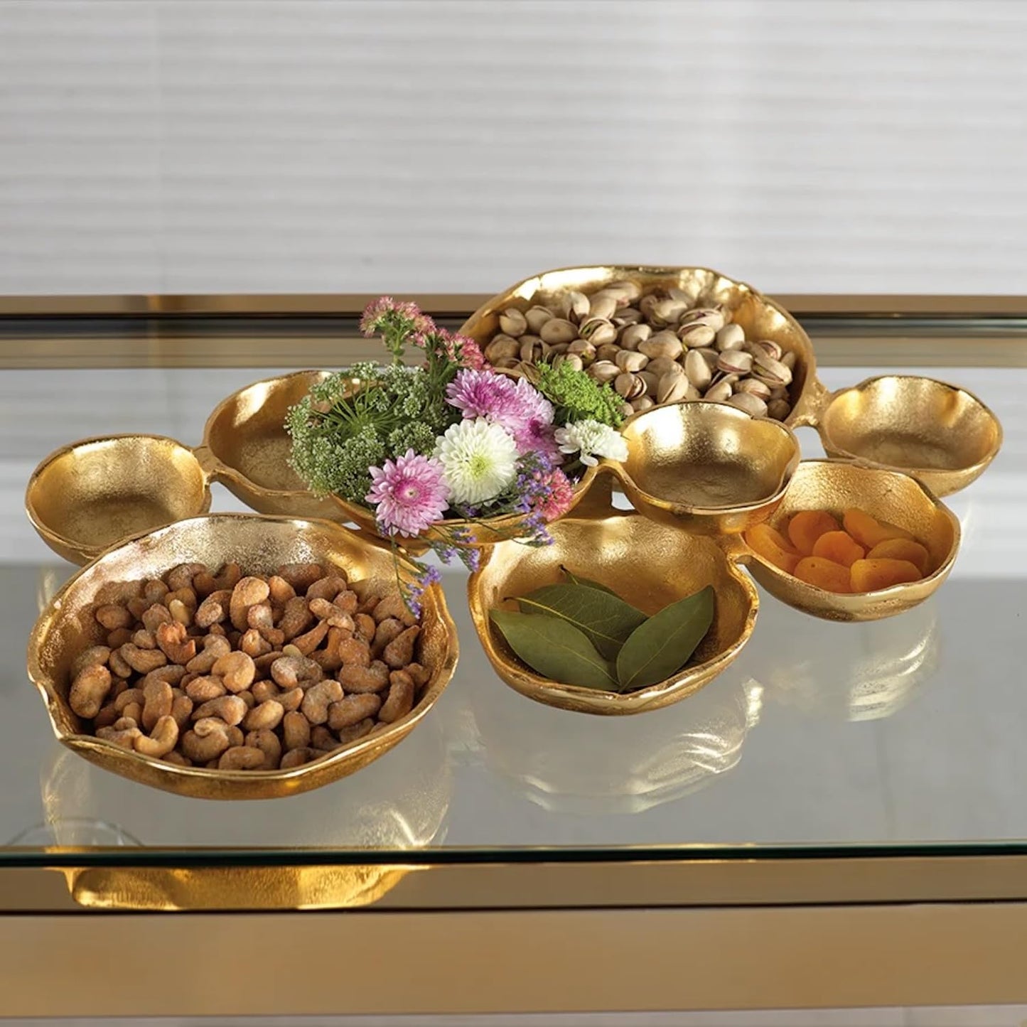 Zodax Cluster of Round Serving Bowls | Cast Aluminum Base | 9 Bowls | 19" x 12" x 2.5" | Gold Finish