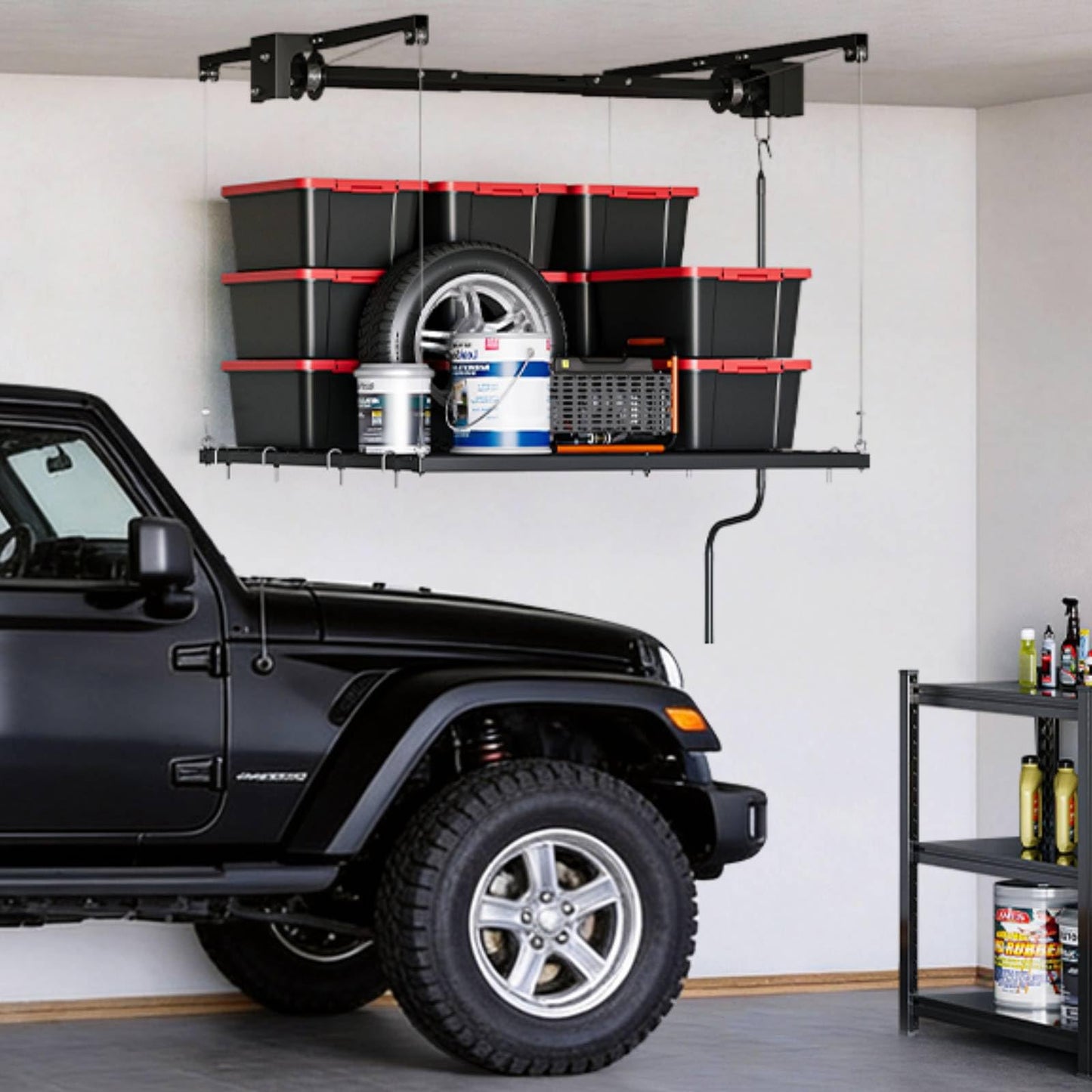 Heavy Duty Ceiling Storage Lift Adjustable 4x4 ft with Dual Safety Lock, 350 Lb Capacity Steel Ceiling Mounted Storage Racks for Garage Ceiling Organization and Overhead Storage, Ideal for Plastic Bin
