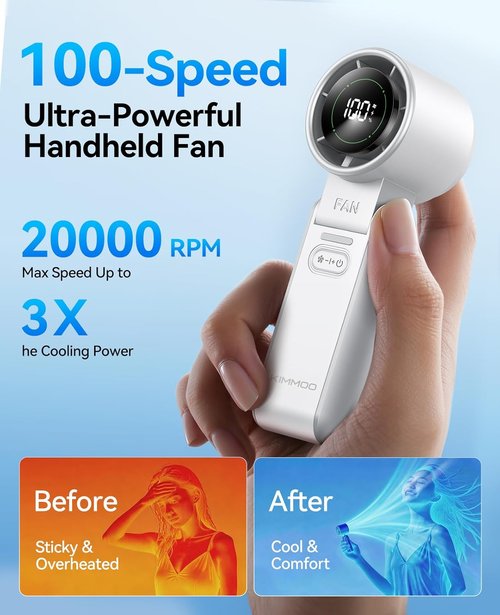 KIMMOO 3-in-1 Portable Handheld Turbo Fan - 100 Speeds, 20000 RPM, 12-Hour Cooling, USB Rechargeable, White