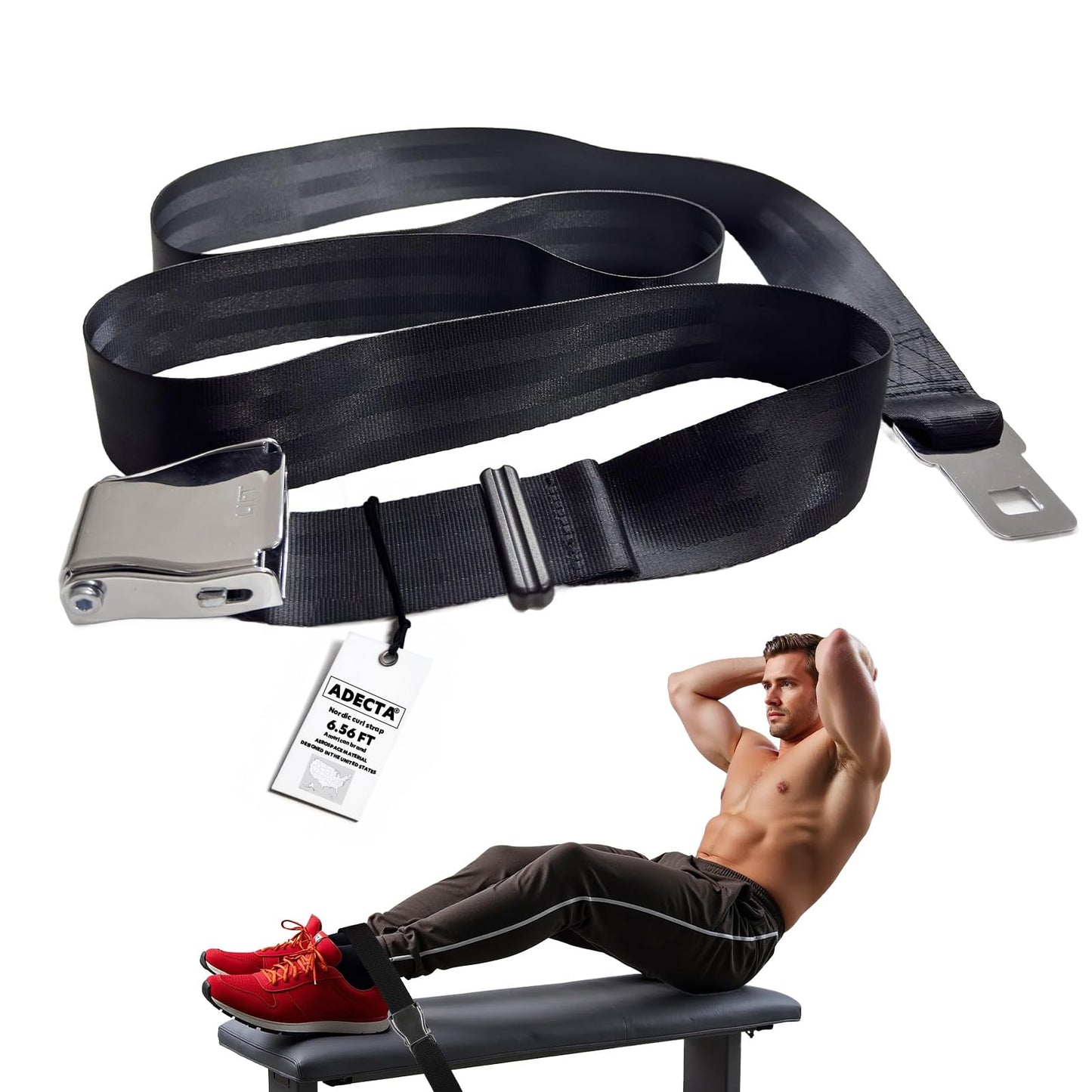 ADECTA Nordic Hamstring Curl Strap, 6.5FT Gym Seatbelt and Exercise Straps for Hamstring Stretch Strap & Mobilization Belt,Home Gym Women Men, Lifting Seatbelt Gym, Black