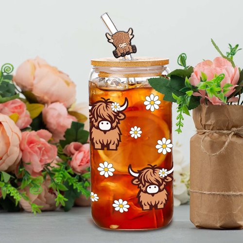 Highland Cows Gifts for Women Highland Cow Lovers Decor Print Stuff Coffee Cup with Cow Straw - Cute Coffee Cups/Tumbler Christmas Birthday Gifts for Women Girls, Glass Cup with Lid and Straw 16oz