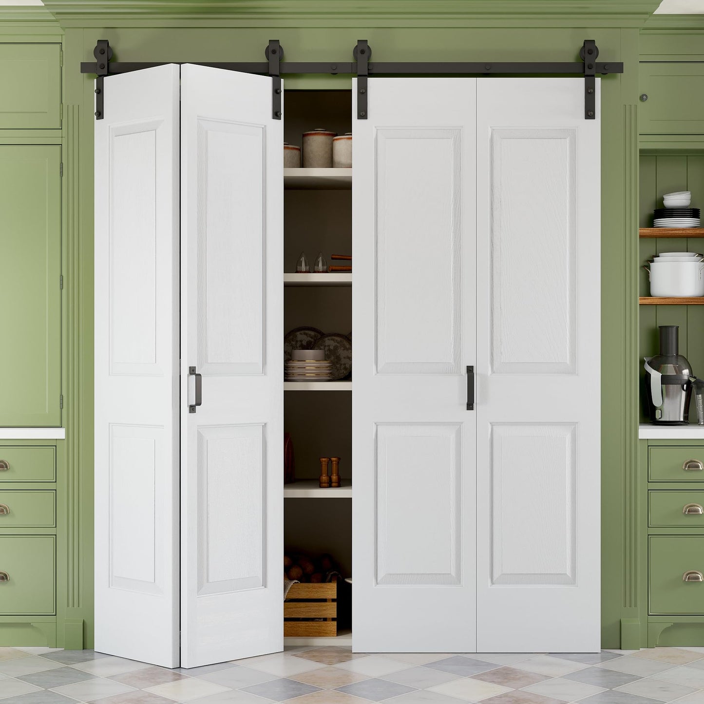 72" x 84" Paintable Bifold Barn Door, No Assembly Required, 4 Panels Bi Fold Sliding Closet Doors with Hardware Kit Included, 80" Track Kit for 4 Doors, Pre-Drilled Holes, White