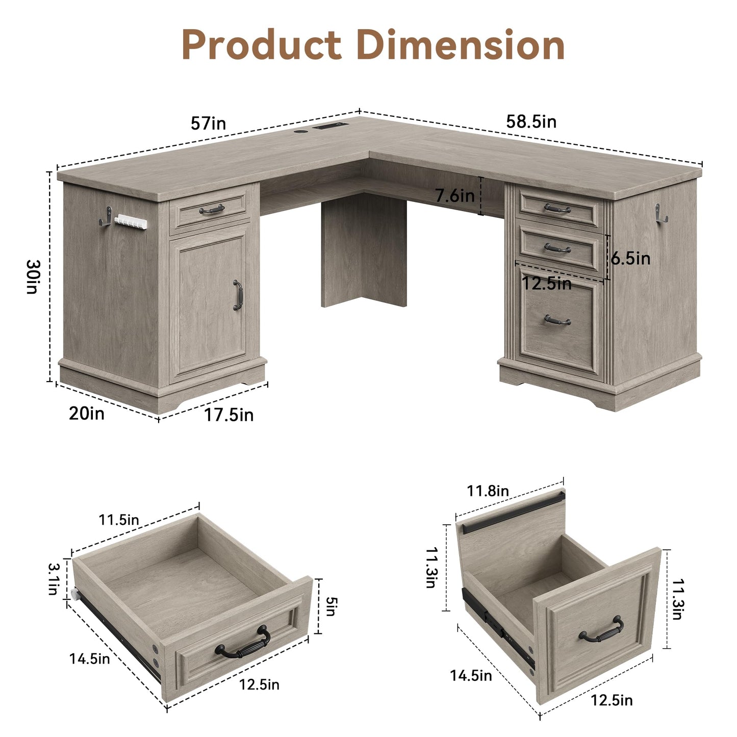 Farmhouse L Shaped Executive Desk with 4 Drawers, Home Office Desk with Hidden Under-Desk Storage Shelf and Charging Station, File Cabinet Storage, Wood Corner Computer Desk for Work and Study(Grey)