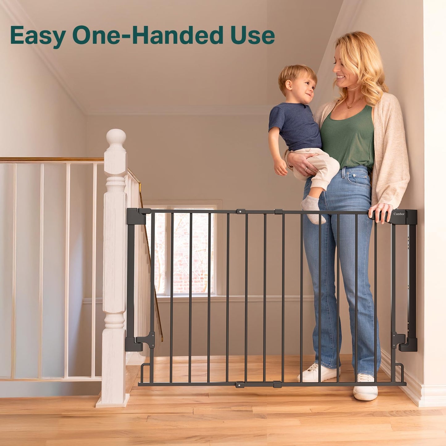 Cumbor 29.2–43" Baby Gate for Stairs, Hardware Mounted (Drill Required), Expandable No Bottom Bar Dog Gate, Auto Close Extra Wide Walk Thru, Pet & Toddler Proof Gate, Top & Bottom of Stairways(Black)
