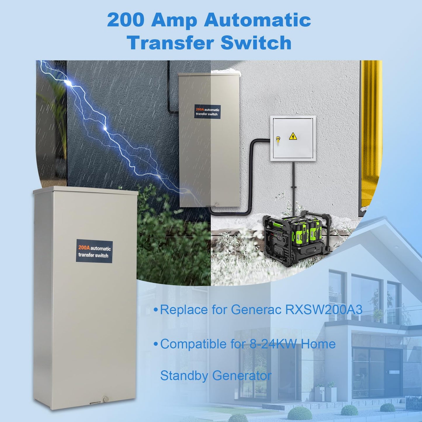200 Amp Automatic Transfer Switch Generator, Single Phase Transfer Switch with Power Management Replacement for Generac RXSW200A3, NEMA 3R Outdoor Rated Aluminum Enclosure for Indoor and Outdoor Use