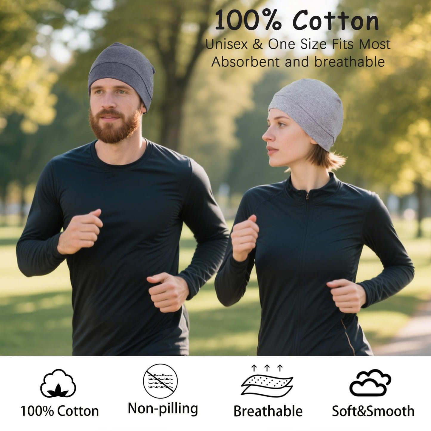 Simapu Cotton Skull Cap, Skull Caps for Men Women, 2-Pack Lightweight Beanie Running Cycling Breathable Helmet Liner Night Cap Sleep Hats