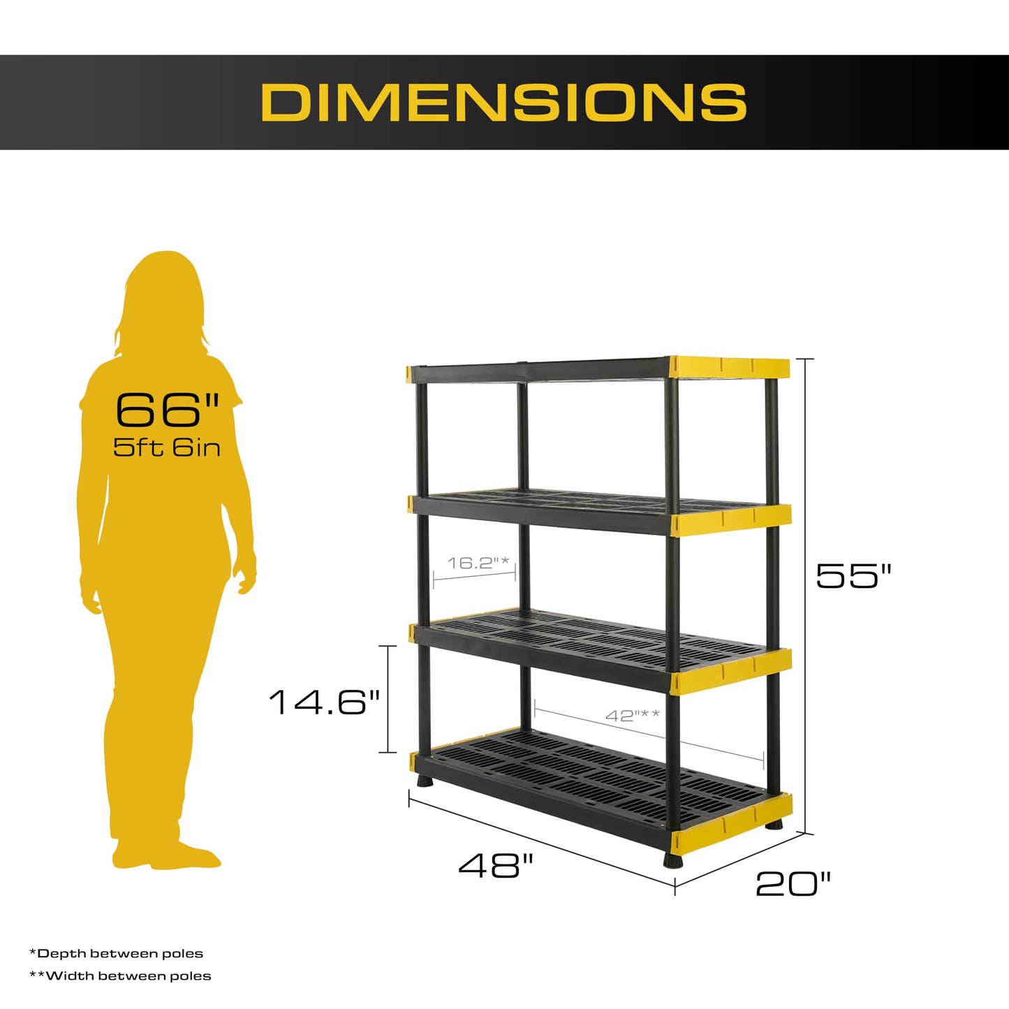 CX Black & Yellow, 4-Tier Heavy Duty Plastic Storage Shelves that Support up to 200lbs/shelf, Organization and Storage, Weather-Resistant Design, Easy Assembly (55"H x 48"W x 20"D)