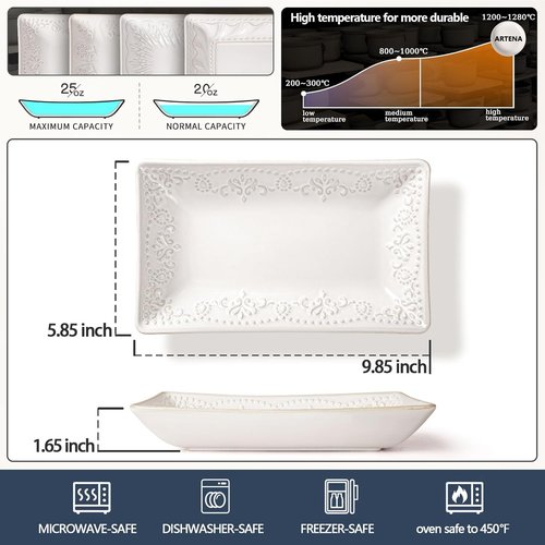 Artena Ceramic Rectangle Plates Set of 4 - Deep Lipped Edges for Appetizers & Desserts | Microwave & Oven Safe