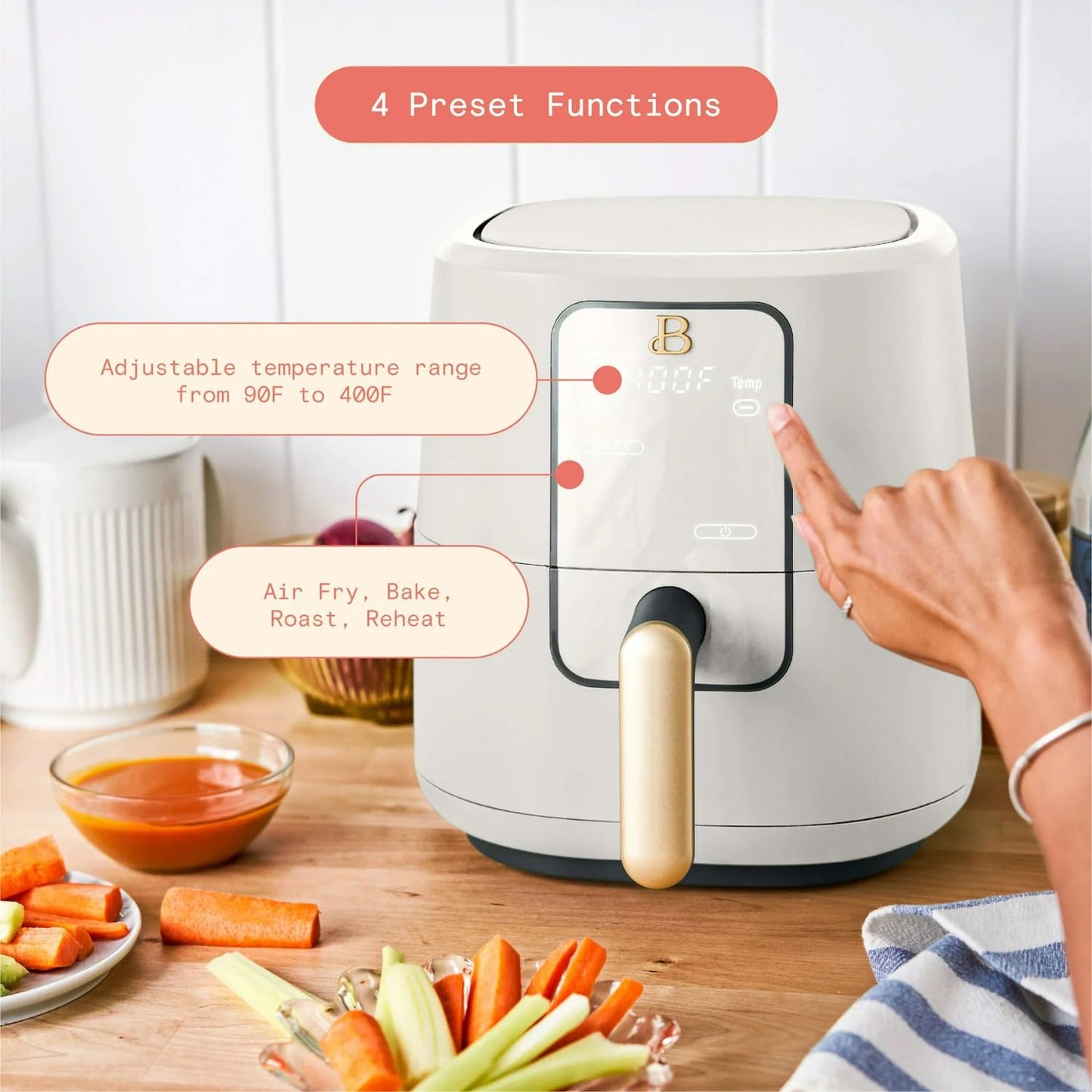 B - 3-Quart Digital Air Fryer, TurboCrisp Technology, 4 Presets, 170°F-400°F, Non-Stick, Dishwasher Safe, 1200 Watt. (White Icing)