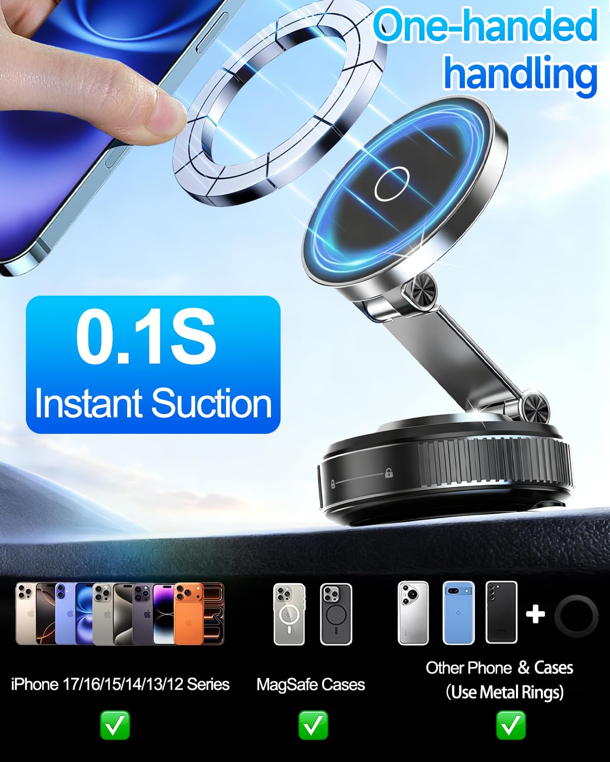 Vacuum Magnetic Car Phone Holder 360° Strongest 120LBS Ultra Suction Cup Phone Mount for MagSafe Dashboard Cell Phone Holders for Your Car/Gym/Mirror Bracket for iPhone 17 & Android, Metal Stand Rotor