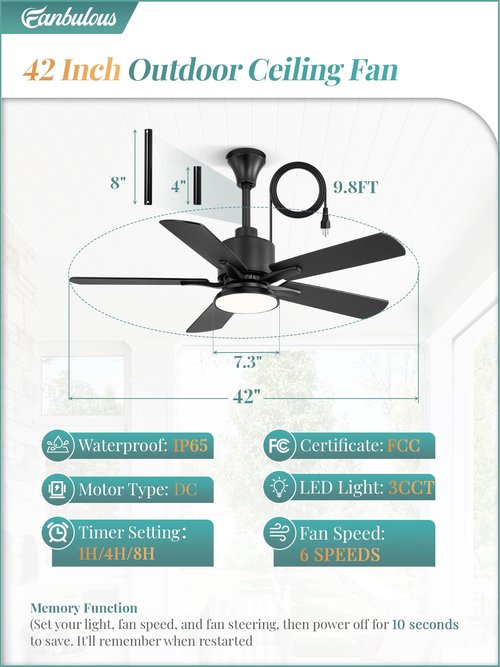 Fanbulous 42" Outdoor Ceiling Fan with Light for Patios, IP65 Waterproof Gazebo Fan, Plug in Ceiling Fan with Remote, 3CCT 6-Speed Black Ceiling Fan with Hanging Hook for Porch, Pergola,Canopy