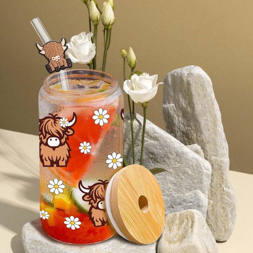 Highland Cows Gifts for Women Highland Cow Lovers Decor Print Stuff Coffee Cup with Cow Straw - Cute Coffee Cups/Tumbler Christmas Birthday Gifts for Women Girls, Glass Cup with Lid and Straw 16oz