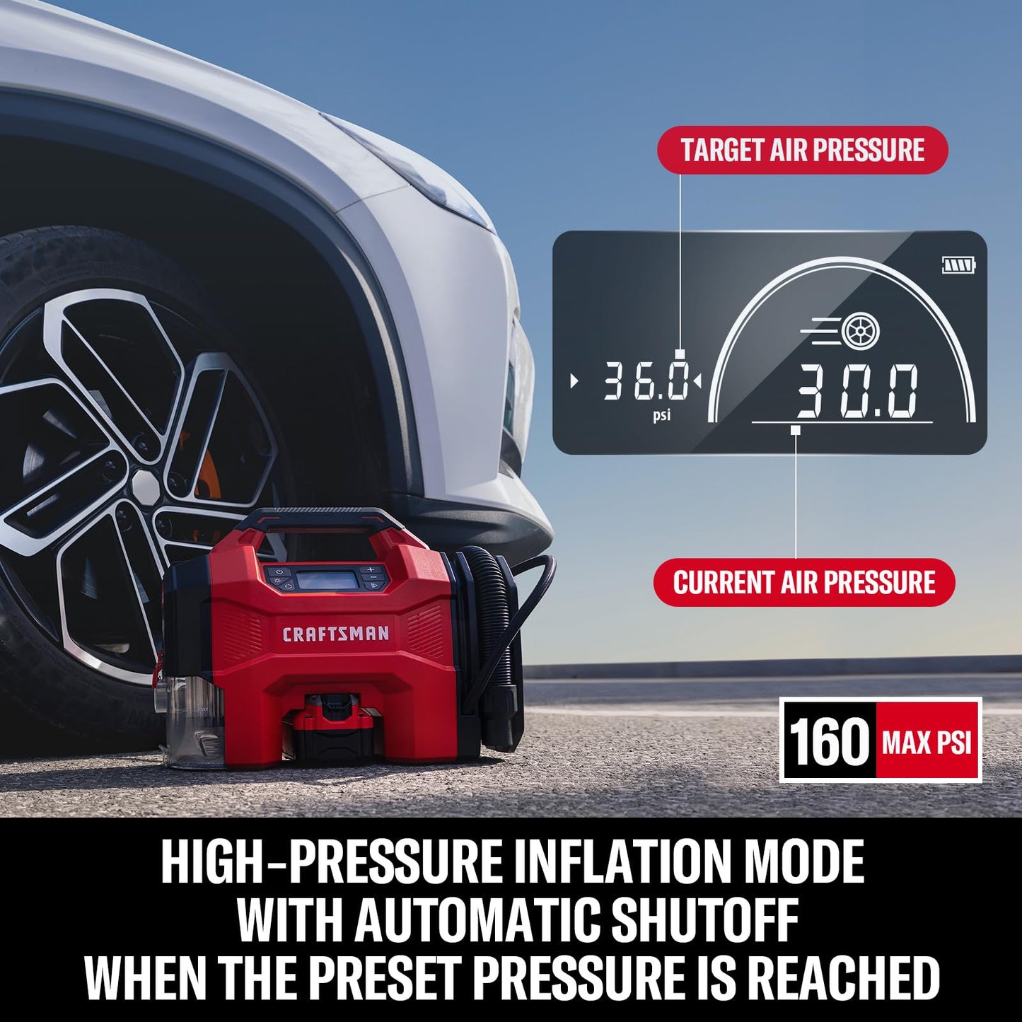 CRAFTSMAN 3-in-1 Cordless Portable Tire Inflator 160 PSI Air Compressor, 4.0Ah Battery & 12V Charger, Car Vacuum, Dust Blower & LED Light for Car, Bike, Ball, Inflatable Mat & SUP