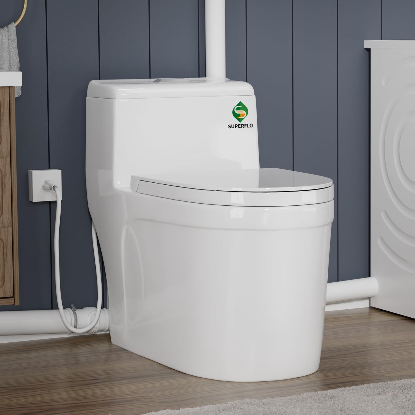 SUPERFLO One Piece Macerating Toilet System with Macerator Toilets Pump, 600W Compact Upflush Toilet for Basement - 3 Inlets for Rear Outlet Toilet Bowl, Sink & Shower