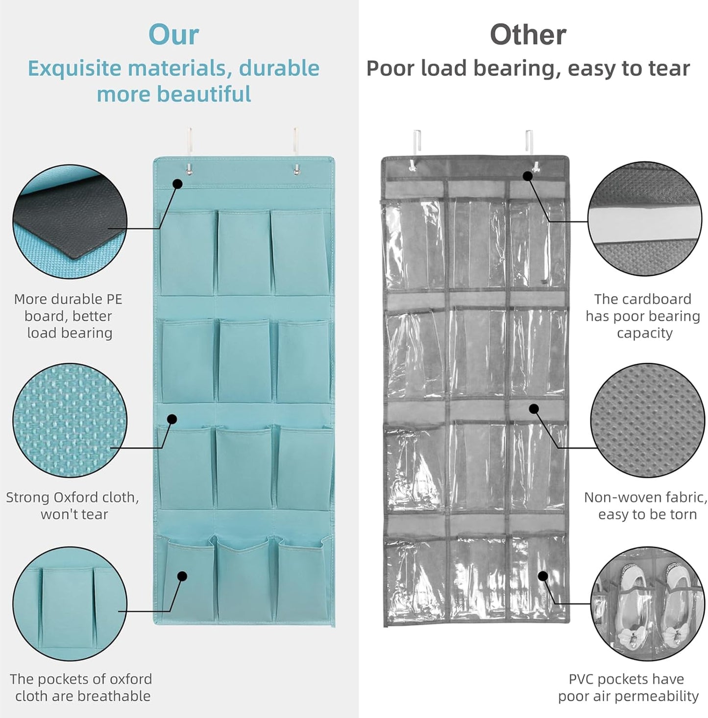 Skiennix Over The Door Shoe Organizer - 12 Large Pocket Hanging Rack for Closet | Light Blue