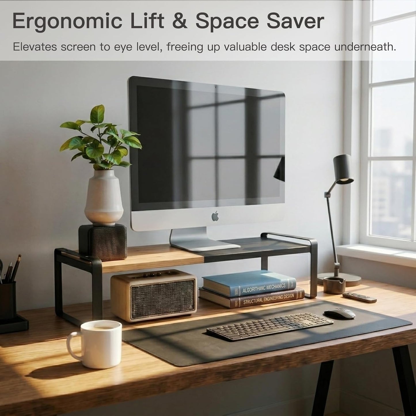 Solcasaco Expandable Desk Shelf Organizer, Sturdy Bamboo Desktop Riser for Monitor, Laptop & Office Storage, Modern