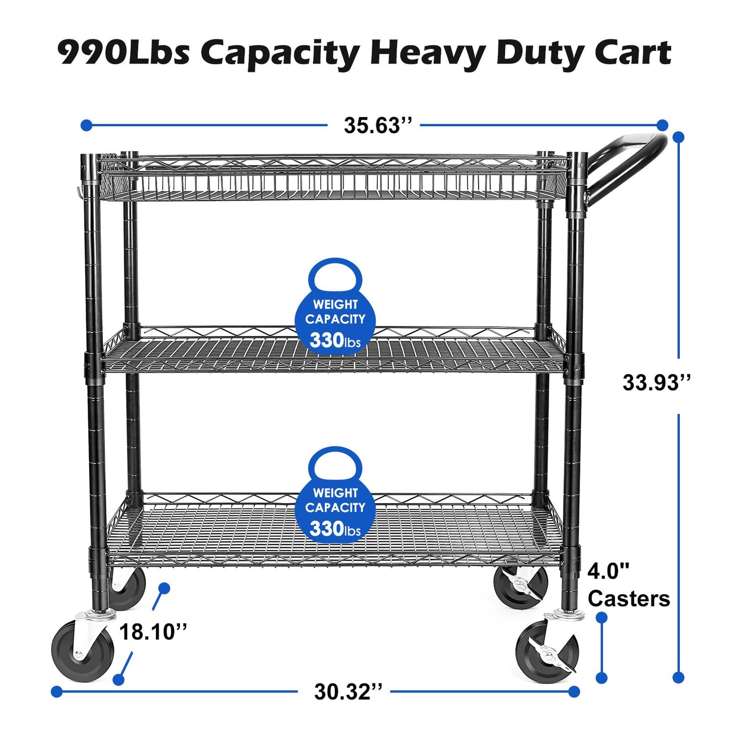 WDT 990Lbs Capacity Heavy Duty Rolling Utility Cart, NSF Rolling Carts with Wheels,Commercial Grade Metal Cart with Handle Bar & Shelf Liner,Trolley Serving Cart for Restaurant,Kitchen,Black