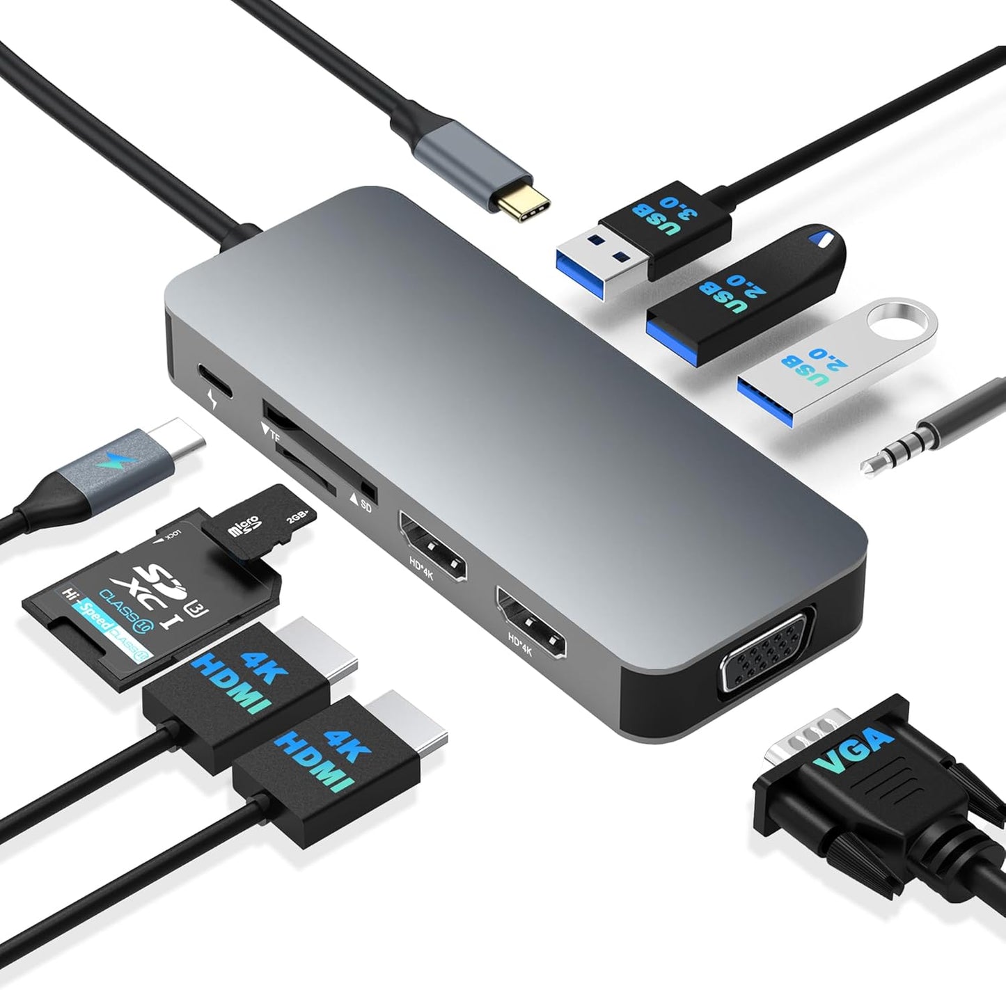 Aibilangose 10 1 HDMI/VGA/PD/USB/SD/TF/3.5mm Docking Station Dual Monitor, USB C to Dual HDMI Adapter, Computer Docking