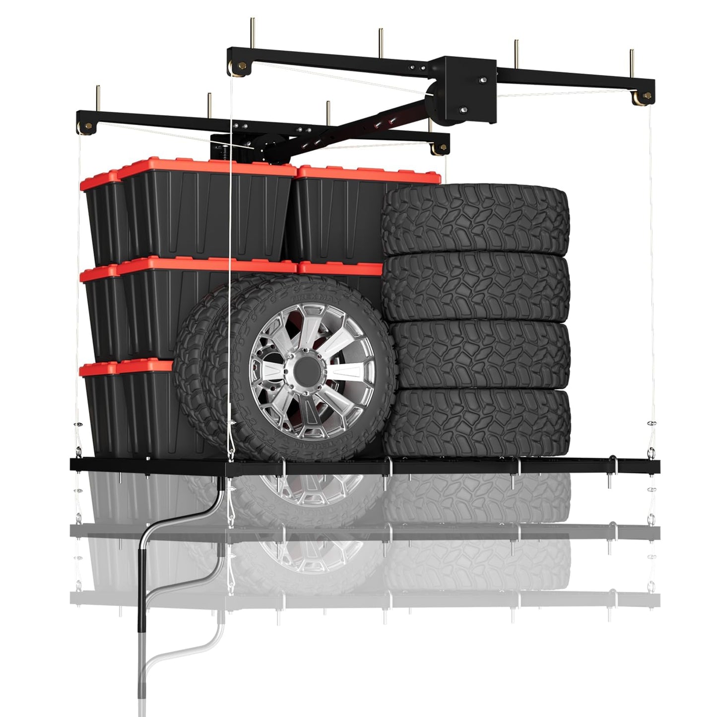 Overhead Ceiling Storage Rack 4x4 ft,Heavy-Duty Carbon Steel Garage Lifting Rack with Manual Hand Crank, Adjustable Height, 350 Lbs Capacity, Maximizes Overhead Space for Garages, Basements