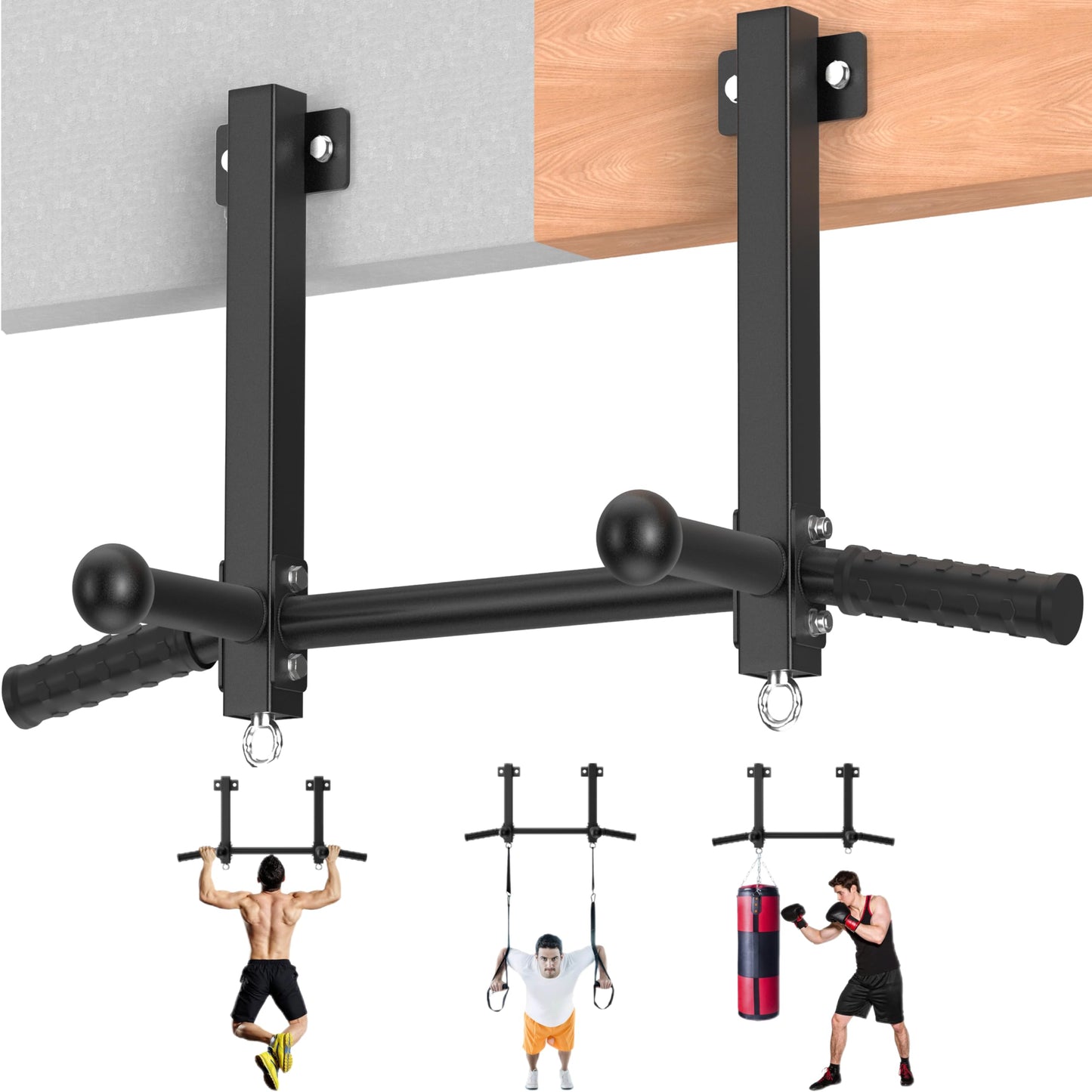 HWOOUSA Joist Mounted Pull Up Bar, 650lbs Heavy Duty Strength Training Pullup Bars, Multi-Grip Chin Up Bar for Home Gym, Garage & Basement Ceiling Beam Installation