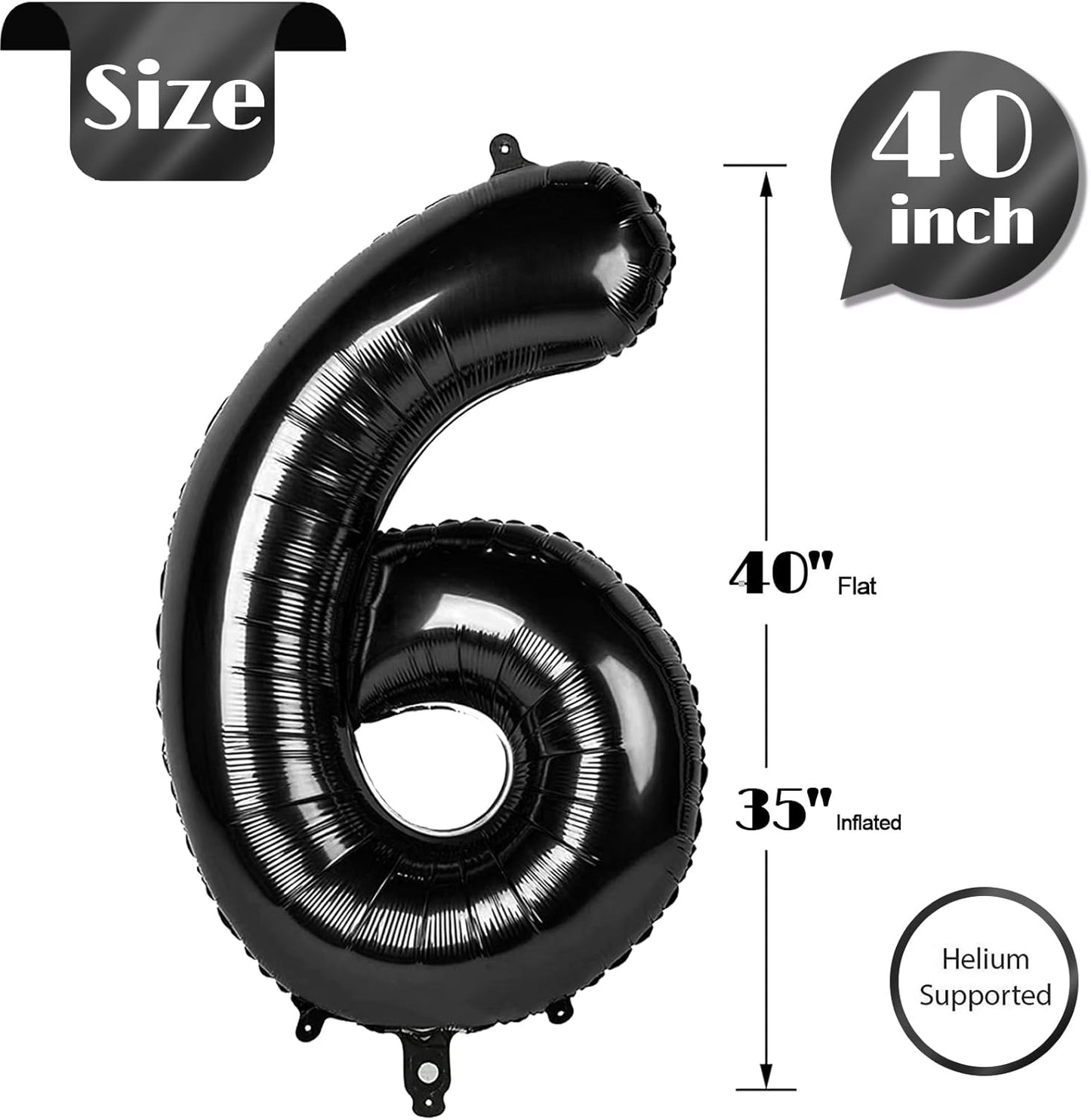 Black Number 6 Balloon - 40 Inch Giant Foil Balloon for 6th Birthday Party Decorations