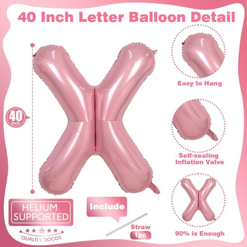 40" Giant Pastel Pink Letter X Balloon - Mylar Foil Alphabet X for Girls' Birthday Party Decorations