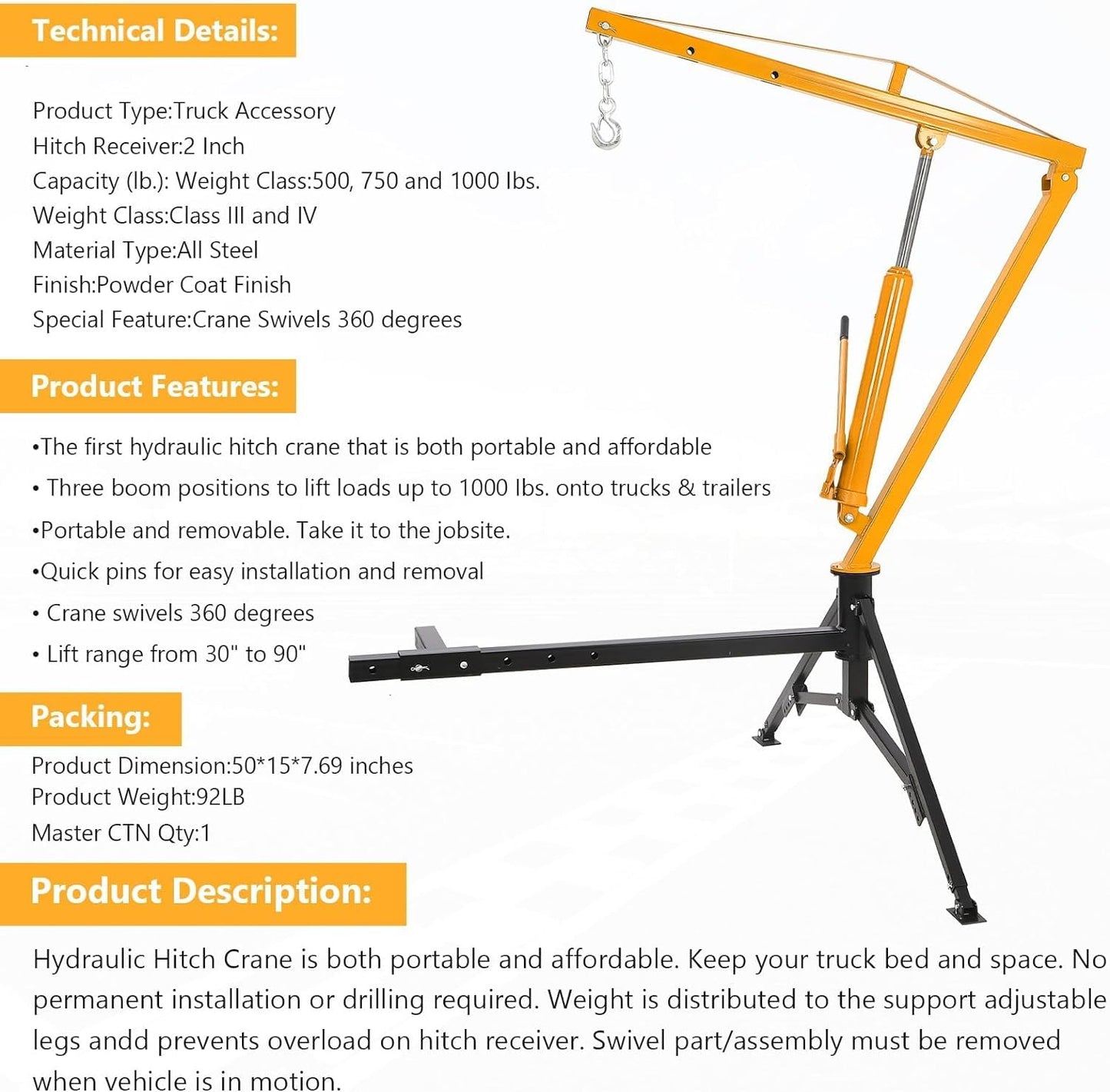 MERXENG Hydraulic Pickup Truck Crane, 1000 Lbs Capacity, 360°Swivel, Hitch Mounted Crane with 3 Adjustable Capacities of 500 Lbs, 750 Lbs and 1000 Lbs for Lifting Goods in Construction, Yellow