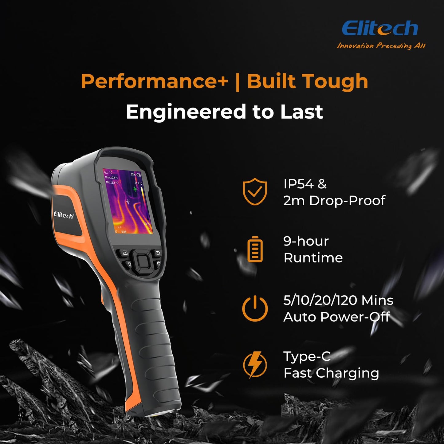 Elitech Thermal Imaging Camera 256 x 192 IR Resolution, Handheld Infrared Imager for Home Inspection & HVAC, Real-Time Video Recording, <40mK Sensitivity, 25Hz Thermal Leak Detector (-4°F to 752°F)