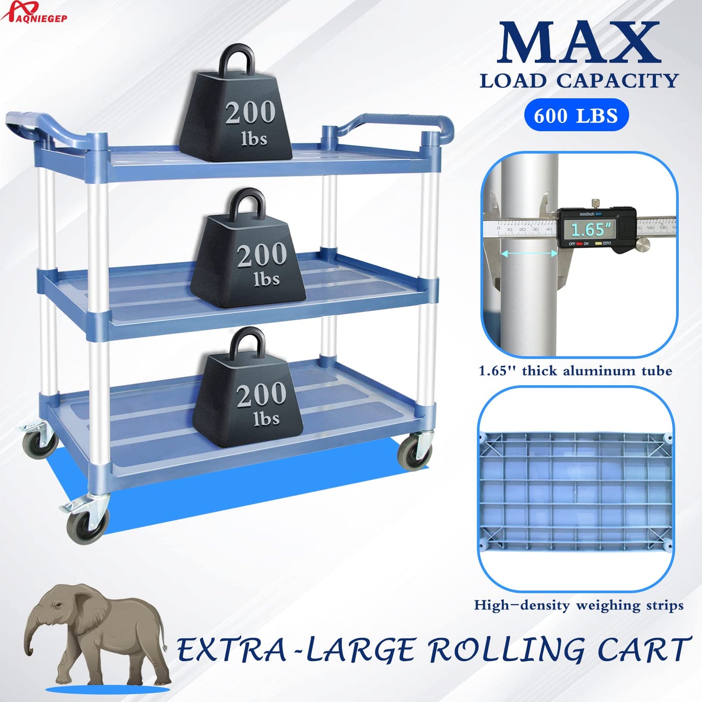 AQNIEGEP Utility Carts with Wheels, Large Food Kitchen Cart Heavy Duty, Rolling Service Cart w/Hammer for Restaurant, Office, Commercial, 600lbs Capacity, Lockable Wheels, 3-Tier