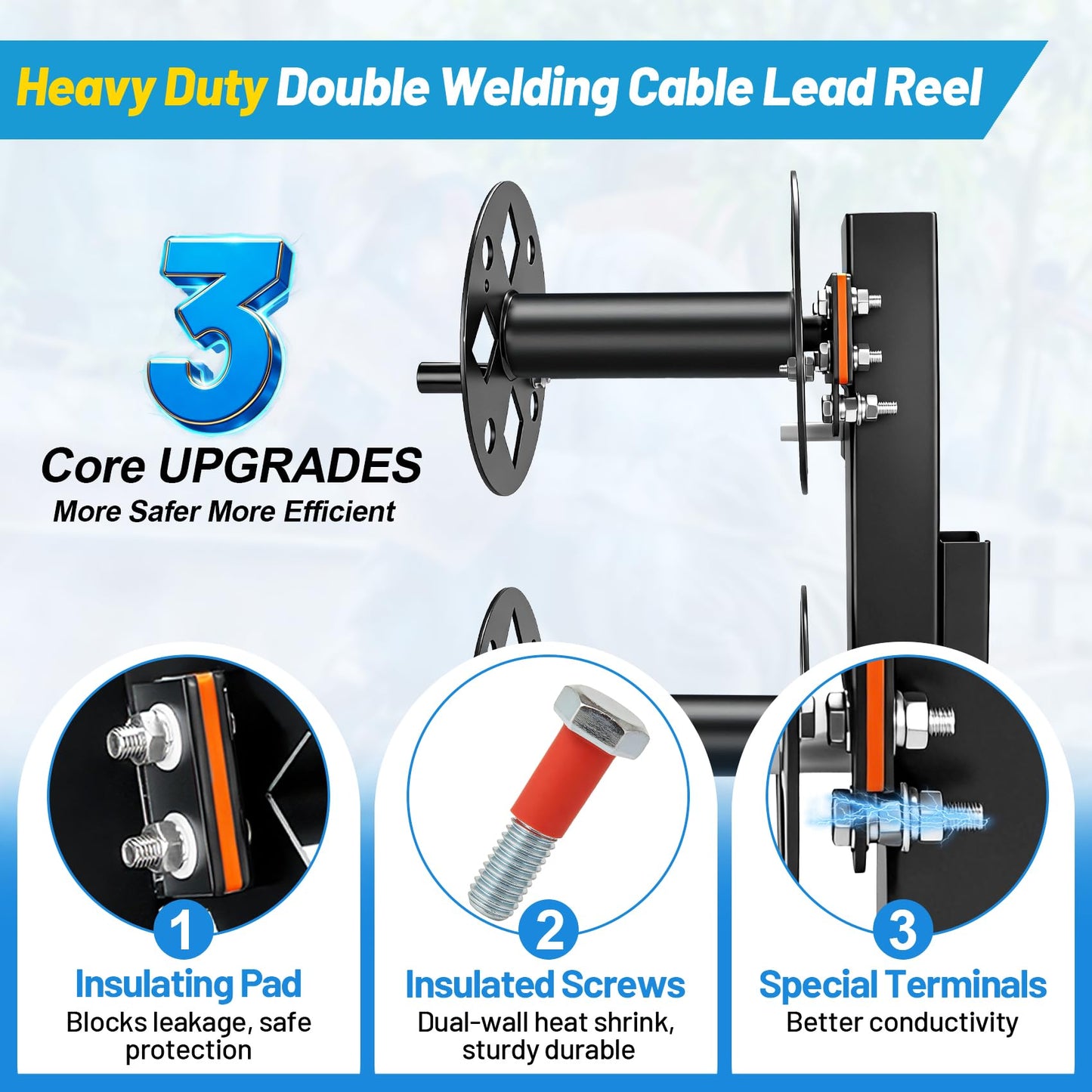 𝑼𝒑𝒈𝒓𝒂𝒅𝒆 Heavy Duty Double Welding Lead Reel, 360° Rotatable Base Cable Lead Reel, Welding Reels with Insulated Sealing Gaskets & Screws No Leaks No Shorts, Fits 150ft 1/0 or 125ft 2/0 Cable