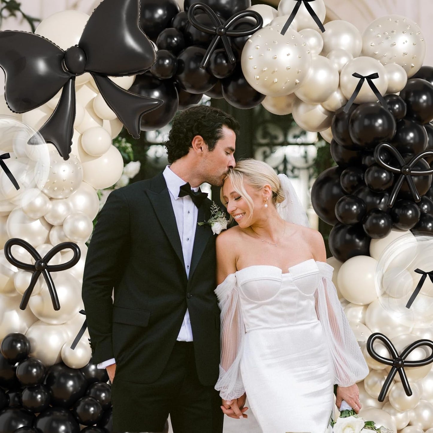 Skiennix Black Bow Birthday Decorations - 187Pcs Balloon Arch Kit with Pearl Balloons & Ribbons