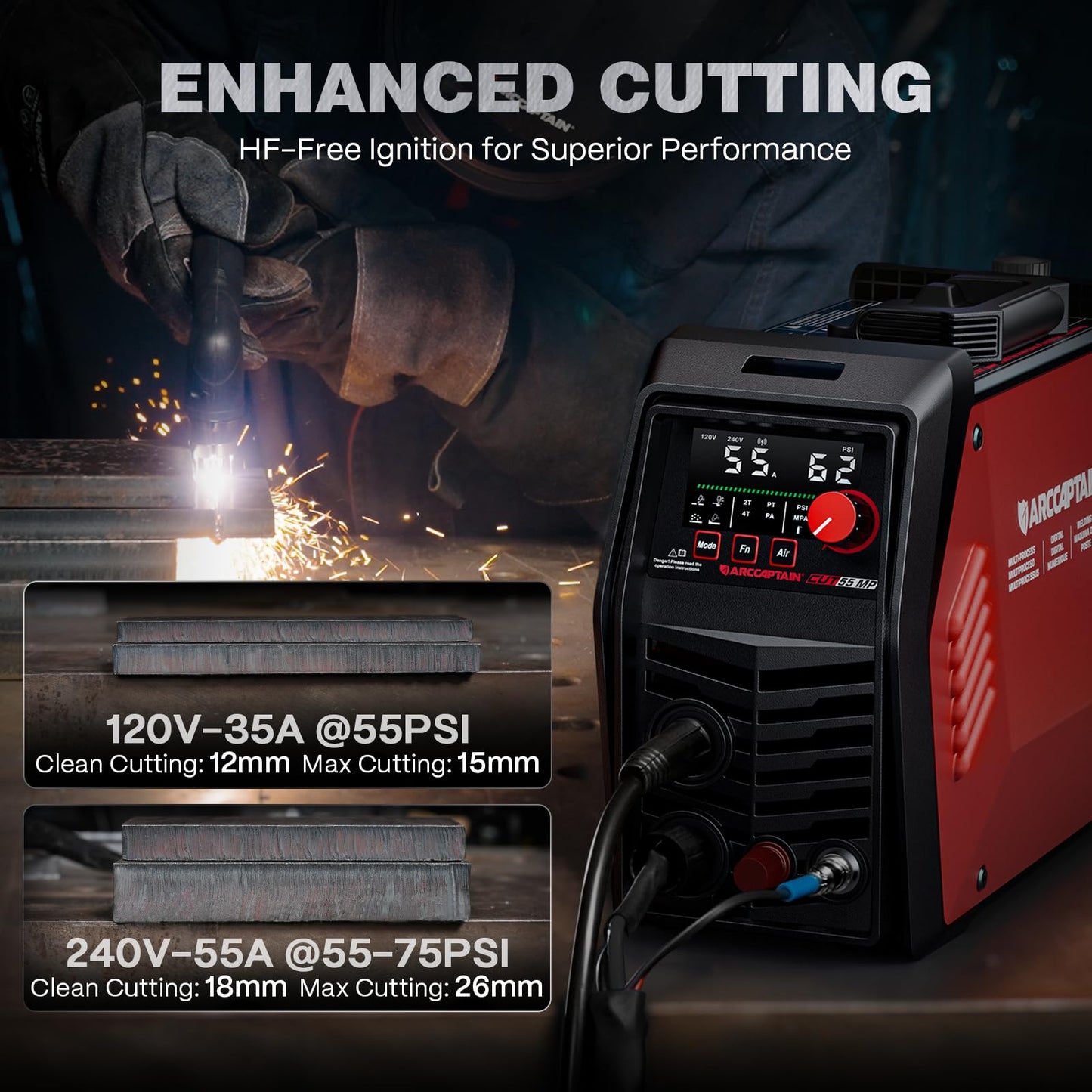 ARCCAPTAIN iControl [Non-HF] Plasma Cutter CUT55 MP with APP Control, 55Amp Blowback Pilot Arc, 120V/240V, Upgraded LED Display, Expanded Metal, Rust Removal, Plasma Gouging, Pressure Detection