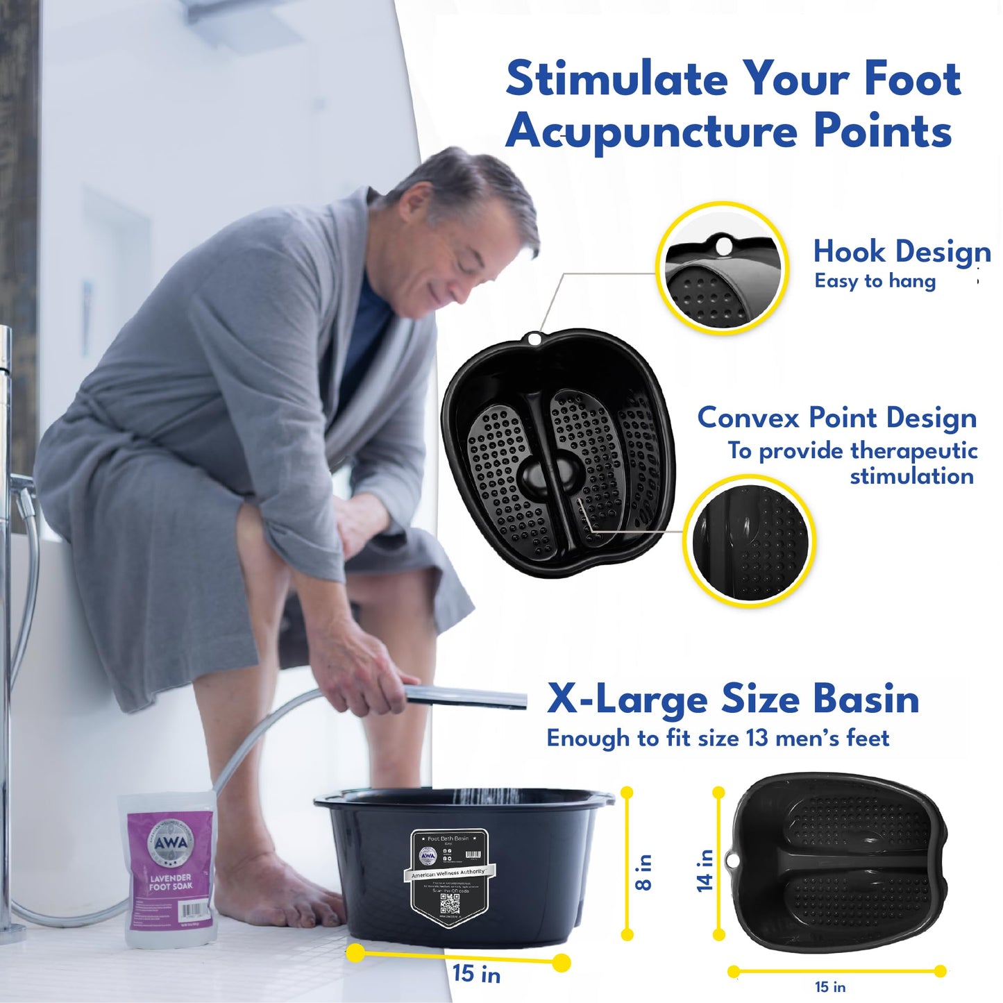 American Wellness Authority AWA Extra Large foot bath basin - Sturdy plastic soak tub For Soaking feet and Pedicure At Home Spa Kit Women Men (Grey Basin), 1.0 Count