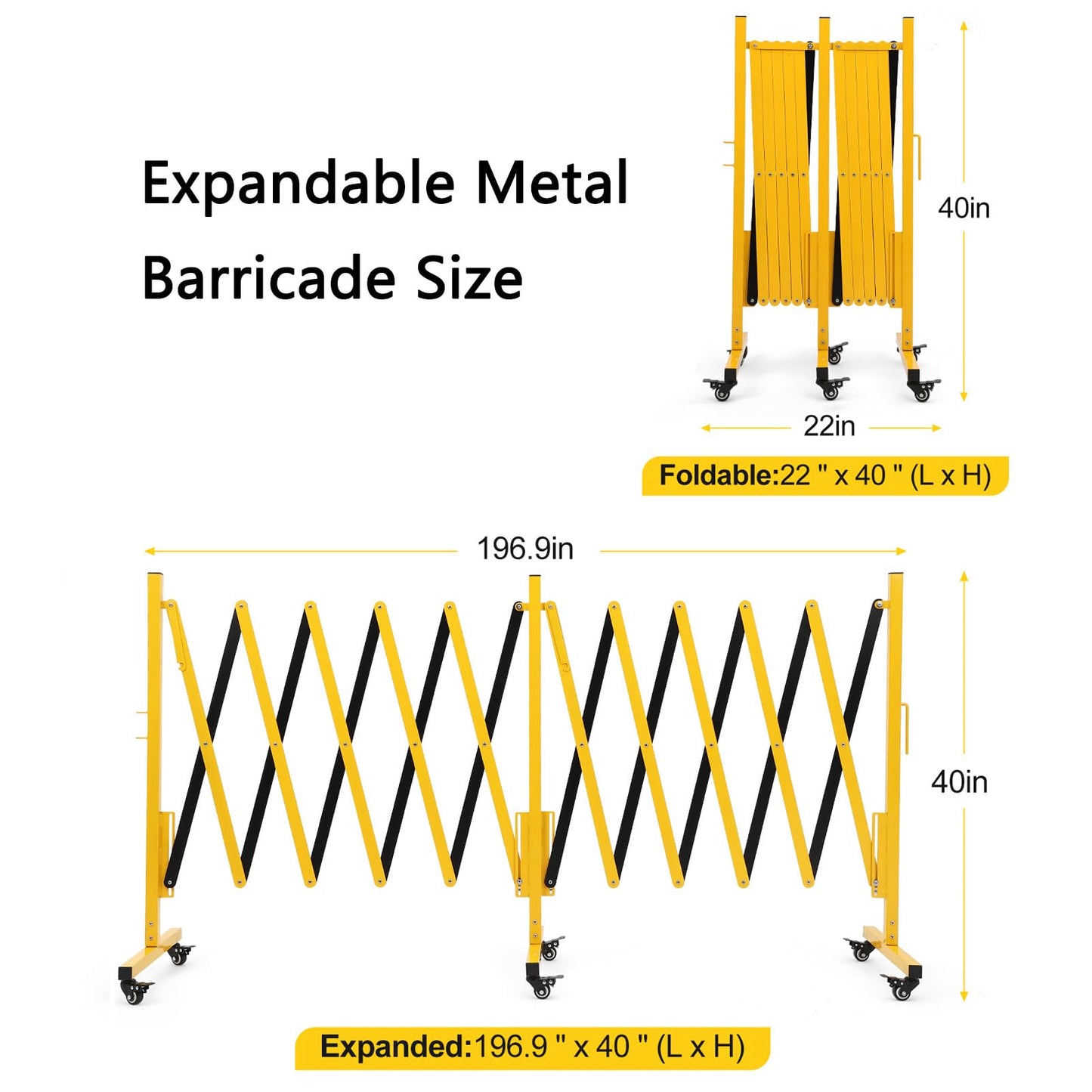 ExploreHorizon 16FT Expandable Metal Barricade Gate, Double Mobile Safety Barrier with Retractable Traffic Fence, Easy Assembly, and Casters