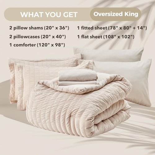 HYMOKEGE King Comforter Set - Beige Oversized 7-Piece Luxury Bedding Set for All Seasons | Includes Comforter, Sheets, Pillowcases & Shams
