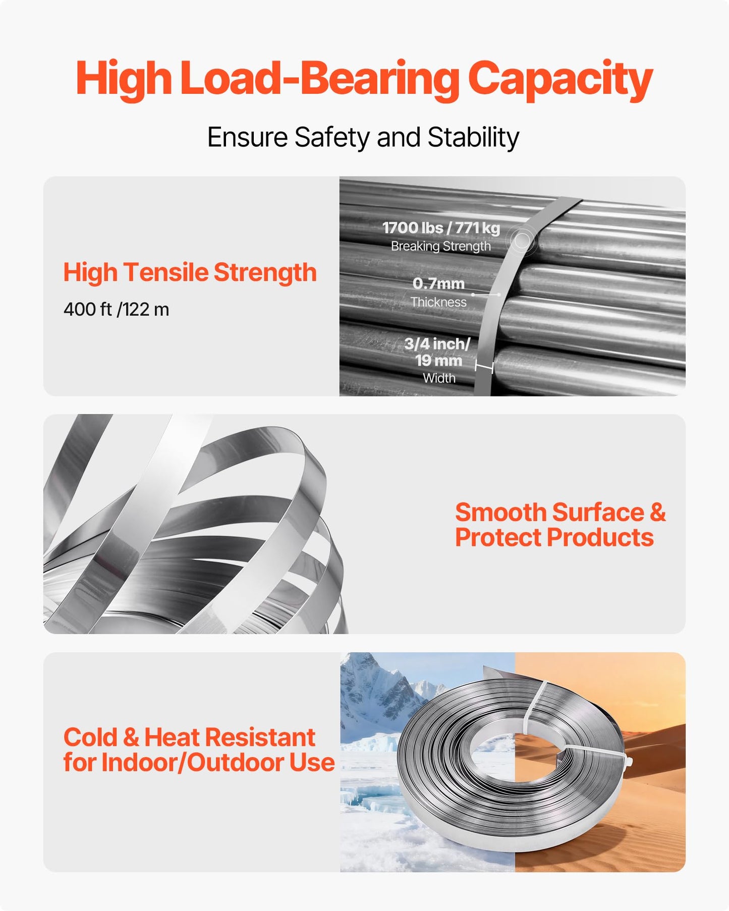 VEVOR Steel Banding Strapping Kit, Heavy Duty Banding Sealer Tool with 400 ft Binding Straps, 400 Metal Clasps, Manual Pallet Packaging Strapping Kit for Warehouse, Transportation, Industrial Bundling
