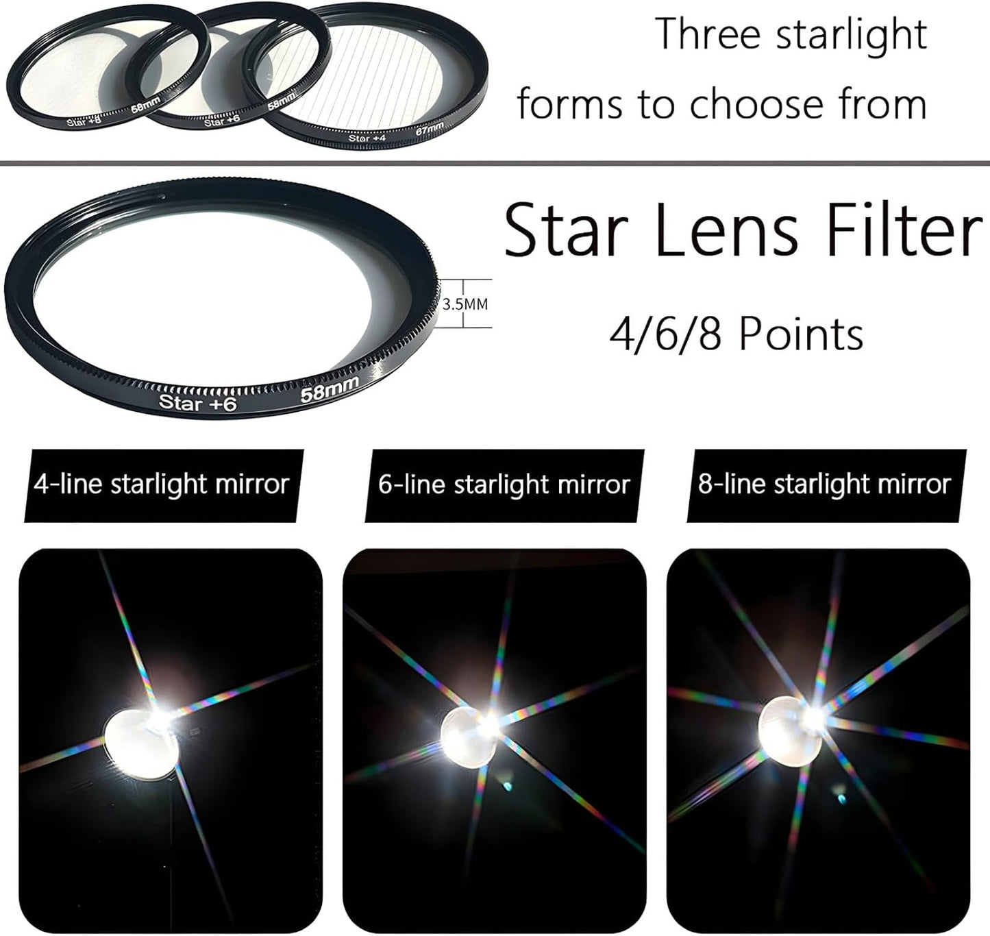 YOFOTIXAUU 37mm (3pcs) 4 6 8 Set, (37mm) Star Filters Kit Points Cross Screen Starburst Filters Lens Cap & Cleaning