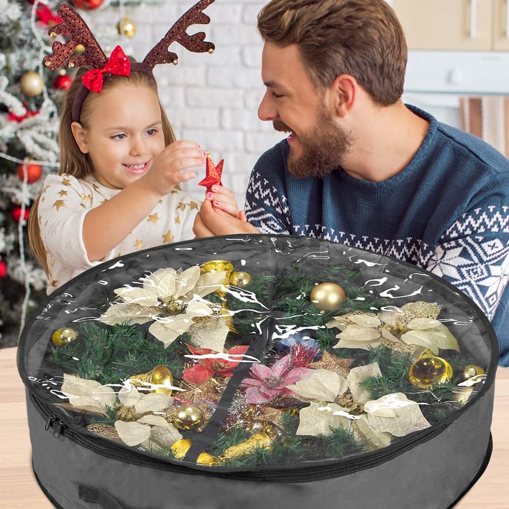 Primode Christmas Wreath Storage Bag 30" - Durable 600D Oxford Container with Clear Top Window for Easy Holiday Storage | Gray