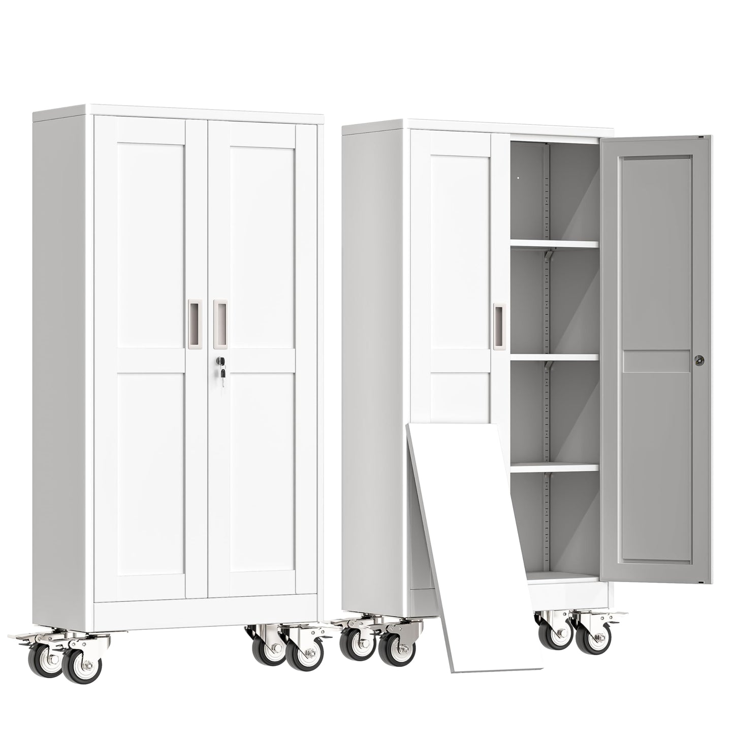 erosoei 61" H Metal Garage Storage Cabinet, Rolling Tool Cabinet with 2 Doors and Wheels, Locker Steel Cabinet with 3 Adjustable Shelves, Organization Cabinet for Garage,Office,Home,Gym,School（White）