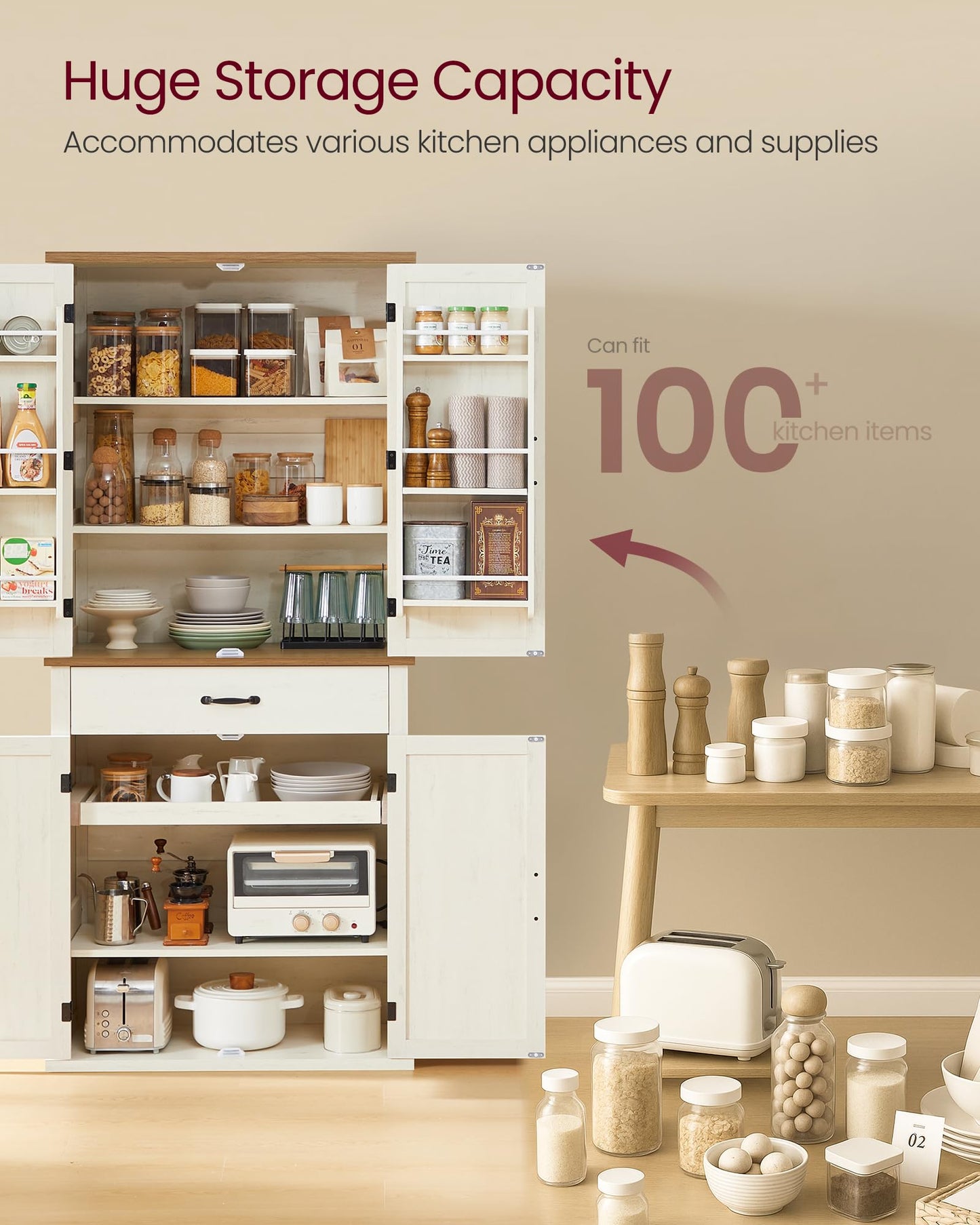 VASAGLE LIRY Collection - Pantry Cabinet, 70.3-Inch Tall Farmhouse Kitchen Storage Cabinet with Barn Doors, Drawer, Tray, Adjustable Shelves, for Kitchen, Dining Room, Rustic White UBBK364W01