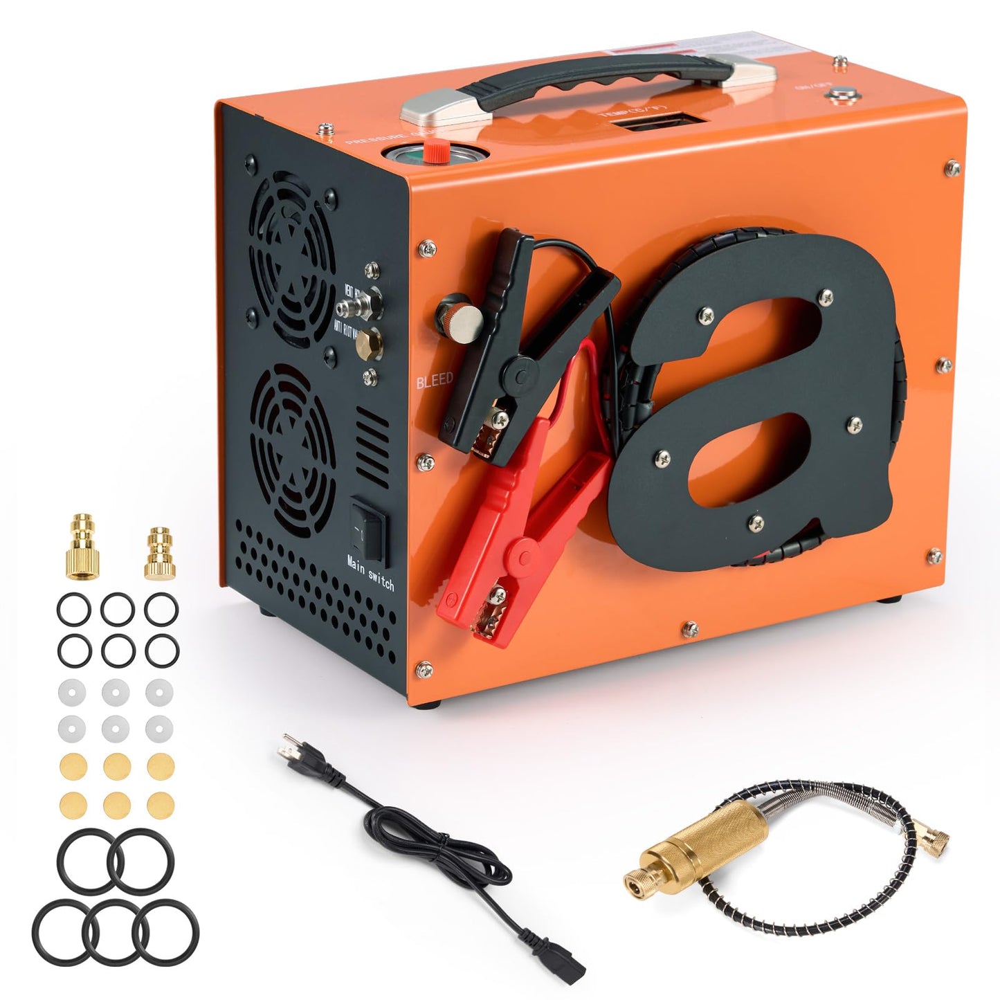 PCP Air Compressor with Atuo Shut-Off, Portable 4500Psi/30Mpa, Water/Oil-Free, One Button Start, Bursting Disc, 12V DC/120V AC PCP Airgun Compressor, Rifle/Pistol and Paintball Tank Air Pump (Orange)