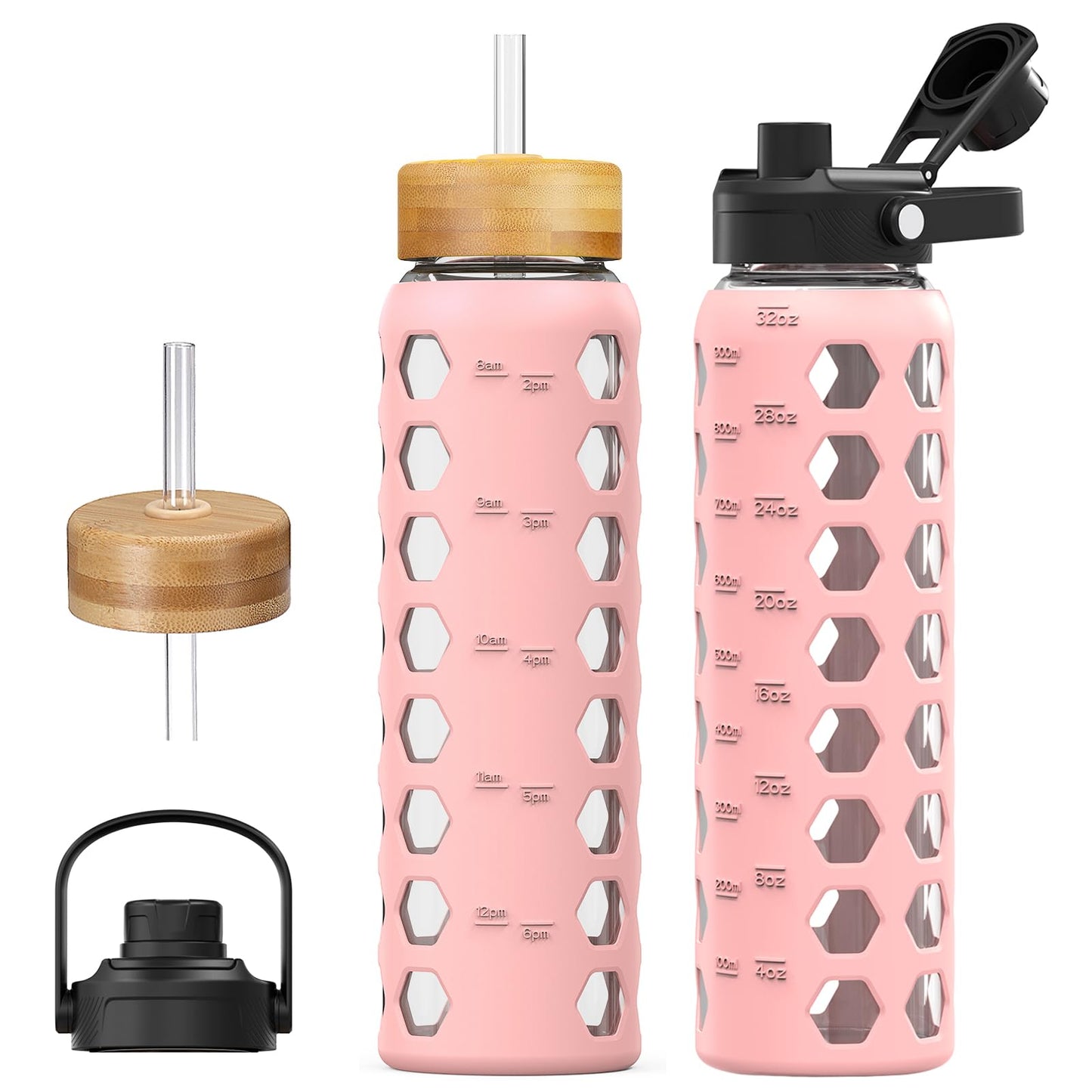 MUKOKO Glass Water Bottles, 32oz Glass Tumbler with Straw, Drinking Bottles with 2 Lids-Handle Spout Lid&Bamboo Straw Lid, Motivational Water Bottle with Time Marker and Silicone Sleeve, 1 Pack-Pink