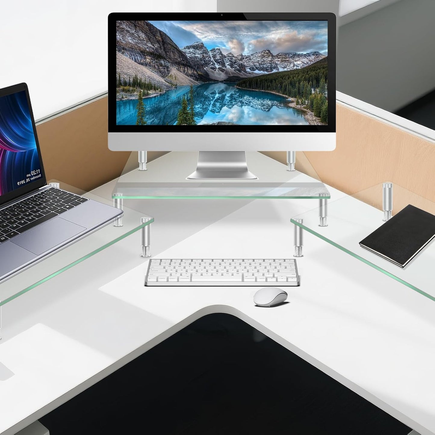 VSAR House 2Pcs, 15L x9.45W x3.75H Inches Tempered Glass Monitor Riser with Height Adjustable, Clear Computer Monitor