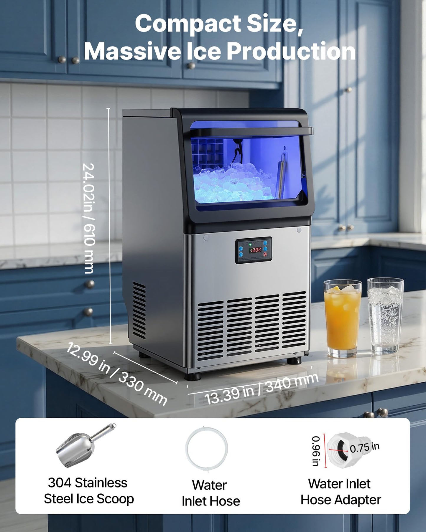 VEVOR Commercial Ice Maker Machine, 80 lbs/24h with 13 lbs Storage Capacity, Countertop/Freestanding/Under Counter, Stainless Steel Ice Maker with LED Display & Self-Cleaning, for Home Bar Restaurant